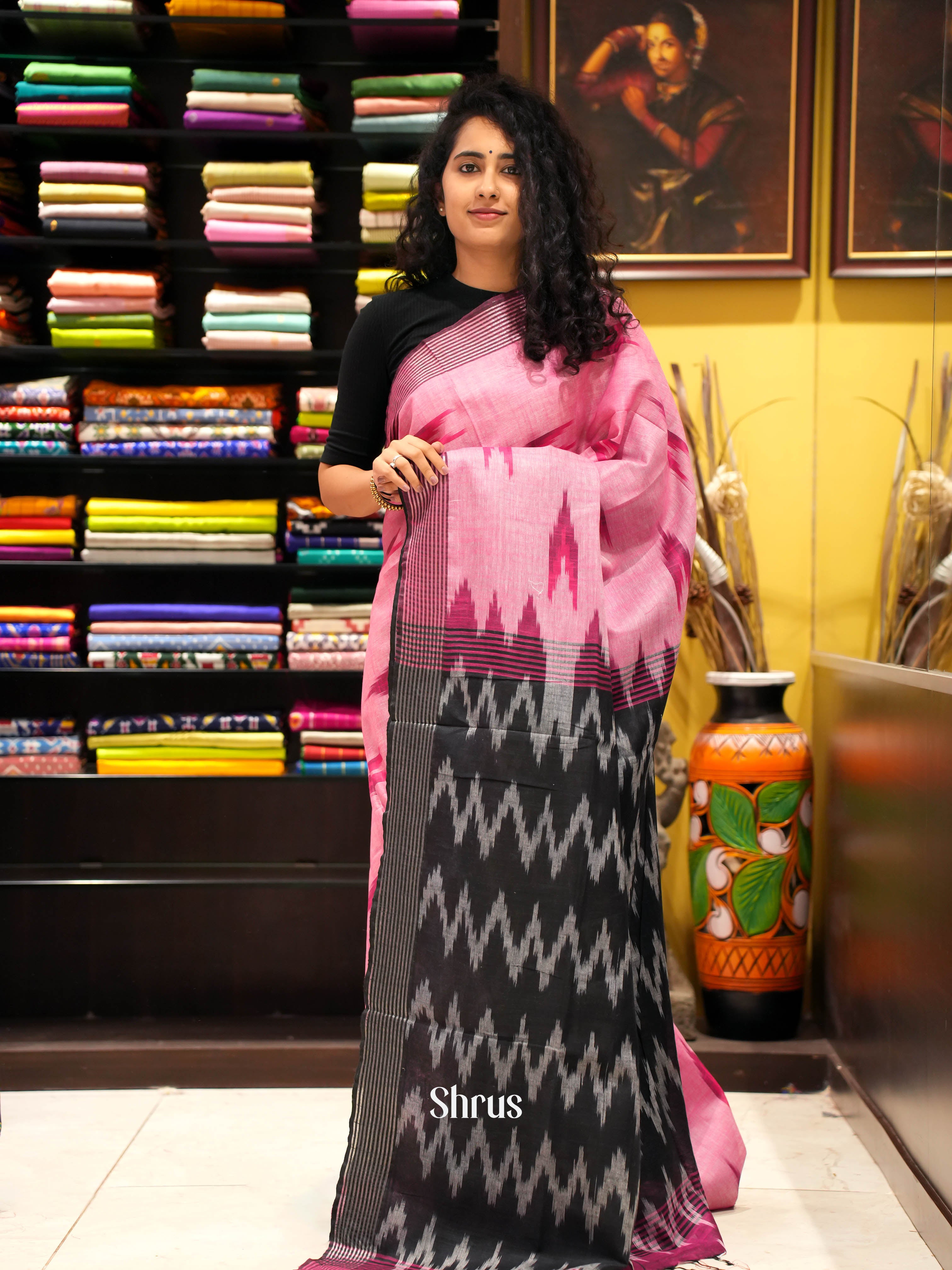 Pink & Black - semi ikkat Saree - Shop on ShrusEternity.com