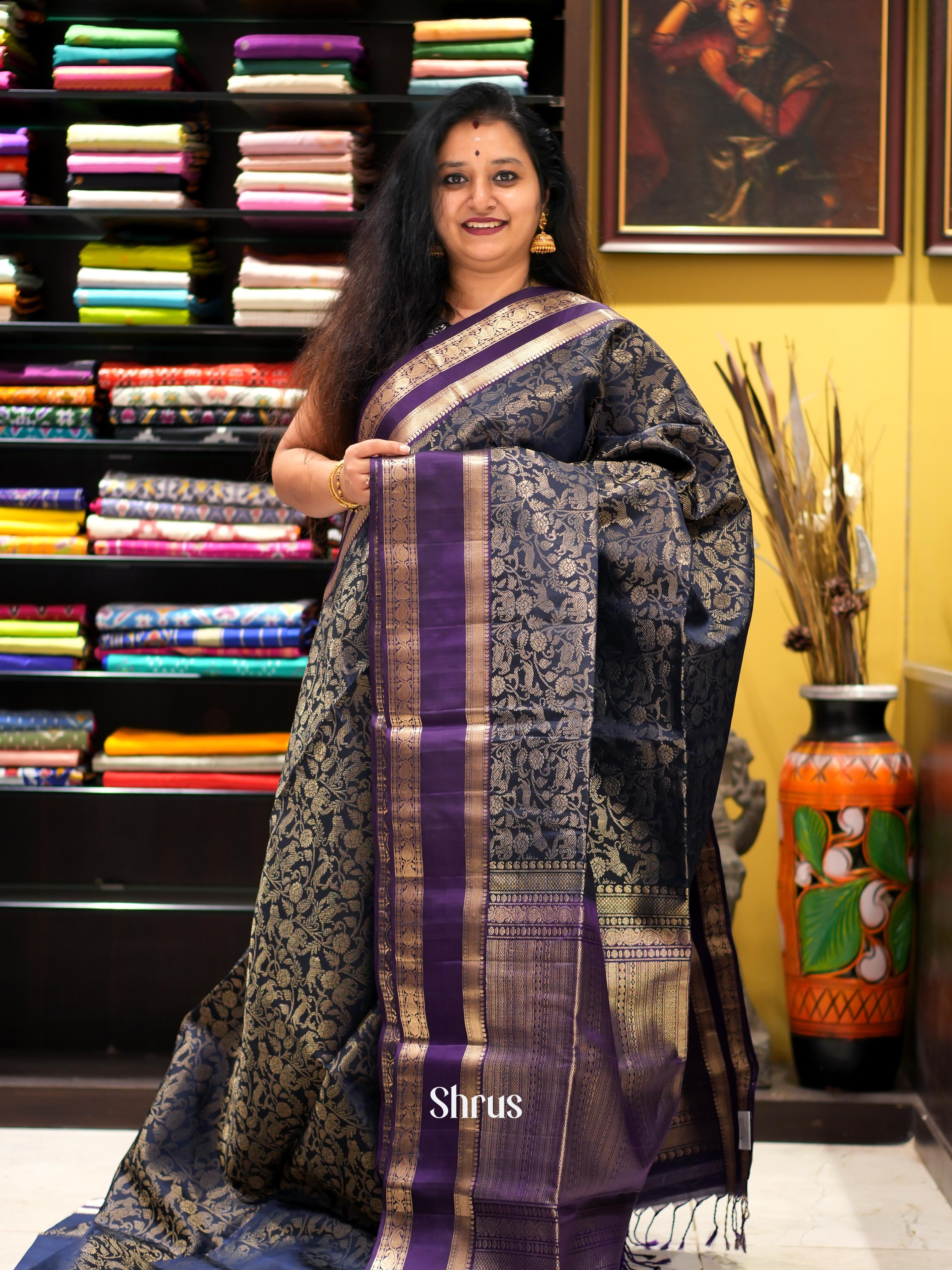 Navy Blue & Violet - Soft Silk Saree - Shop on ShrusEternity.com