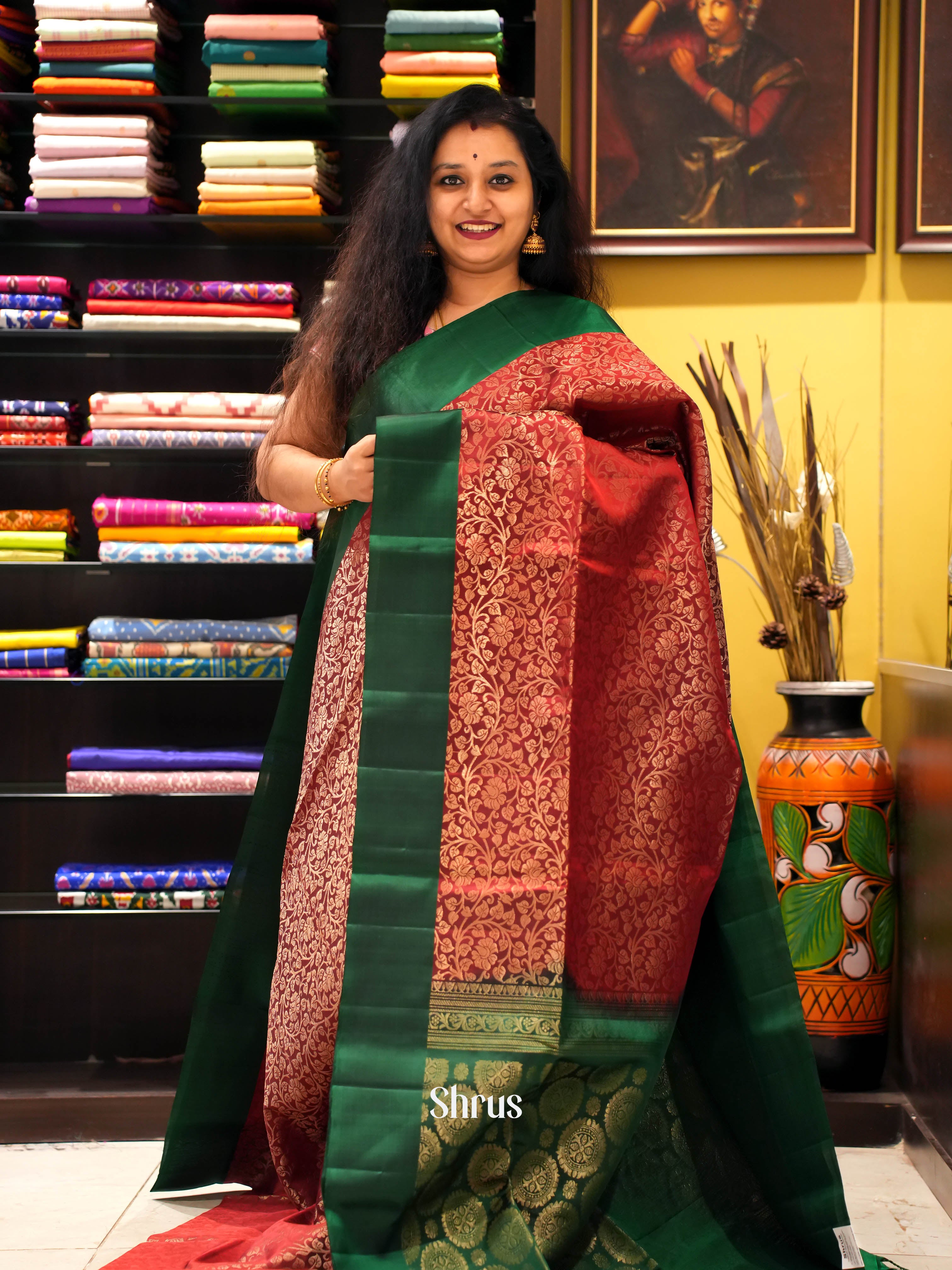 Red & Green - Soft Silk Saree - Shop on ShrusEternity.com