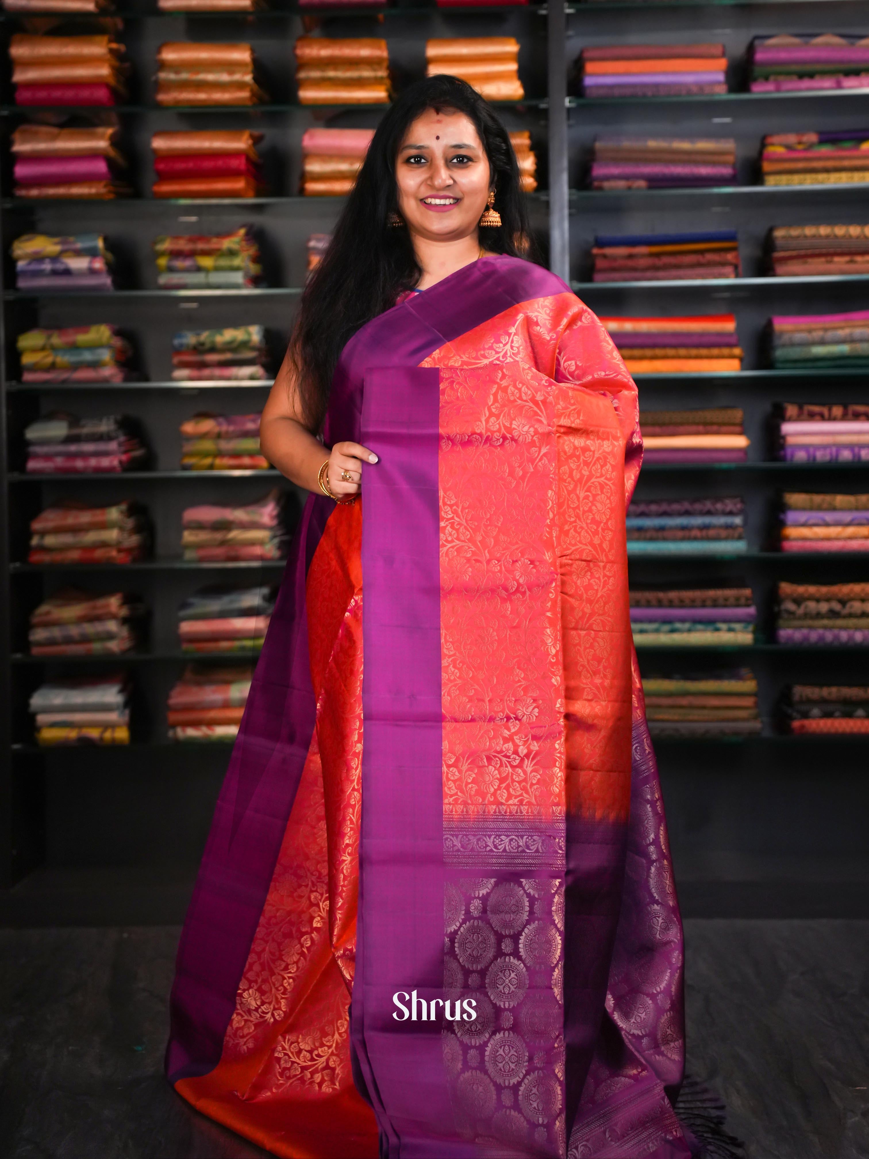 Double Shaded Peachy Orange & Purple Red - Soft Silk Saree - Shop on ShrusEternity.com