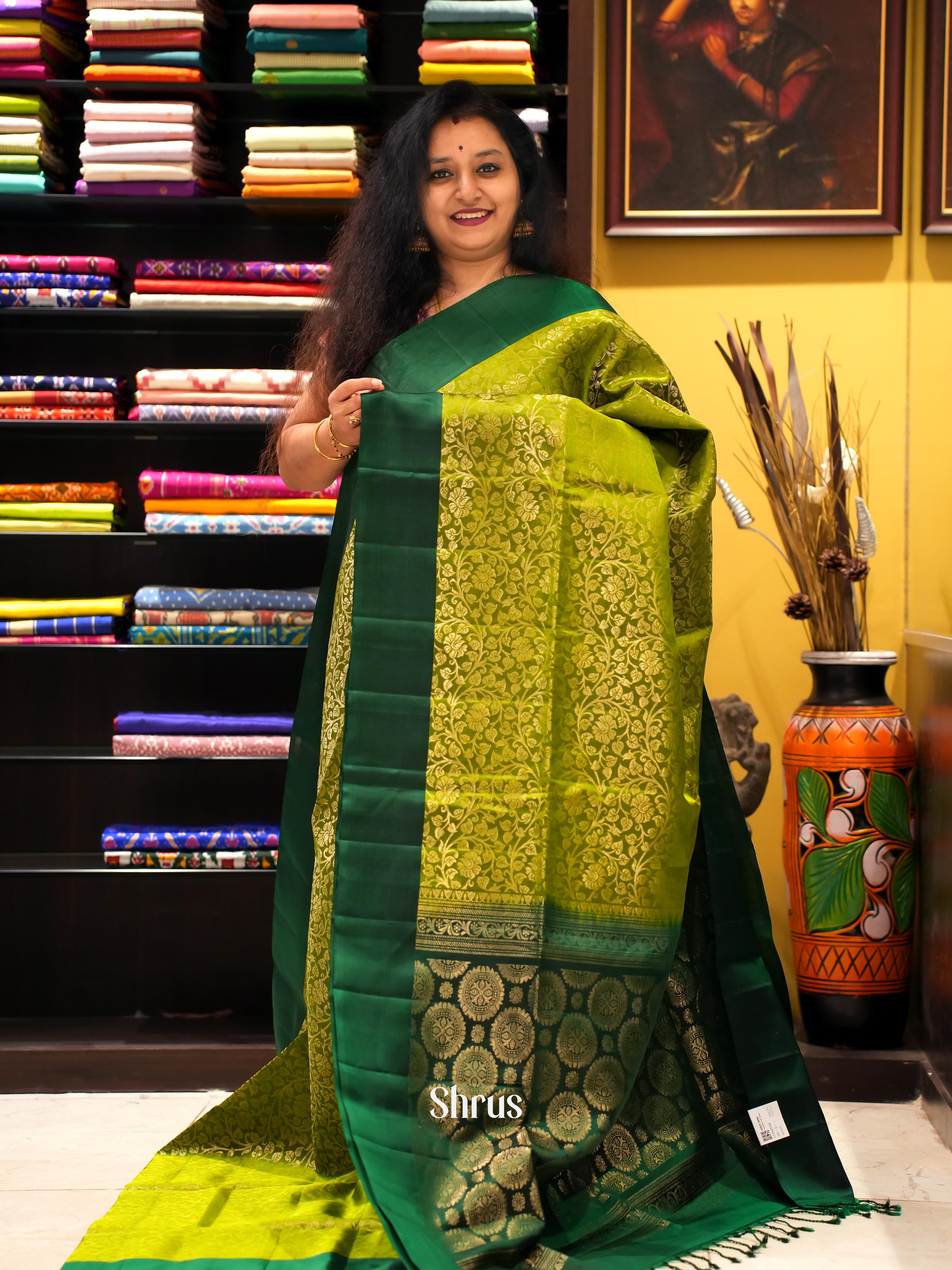Light Green & Green - Soft Silk Saree - Shop on ShrusEternity.com