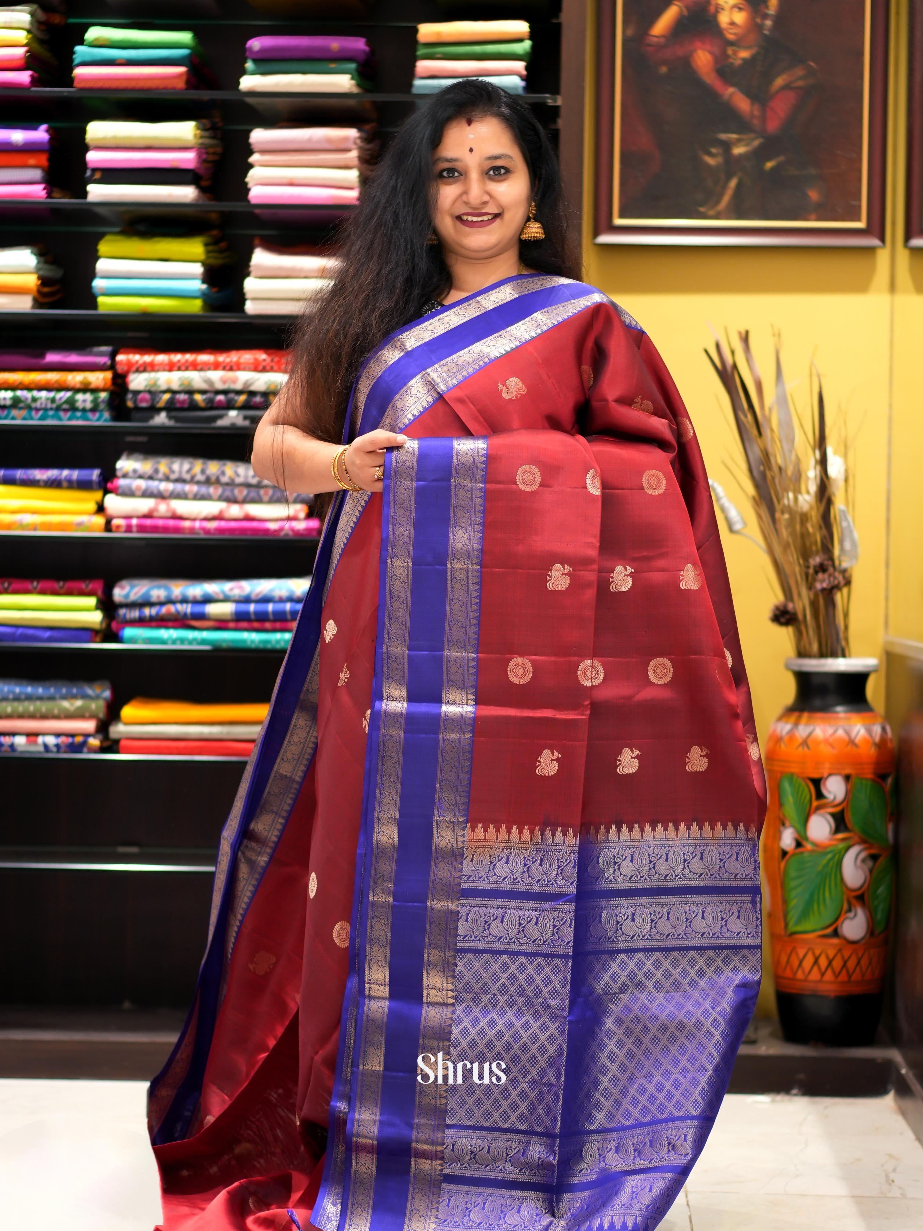 Maroon & Blue - Kanchi Border Soft Silk Saree - Shop on ShrusEternity.com