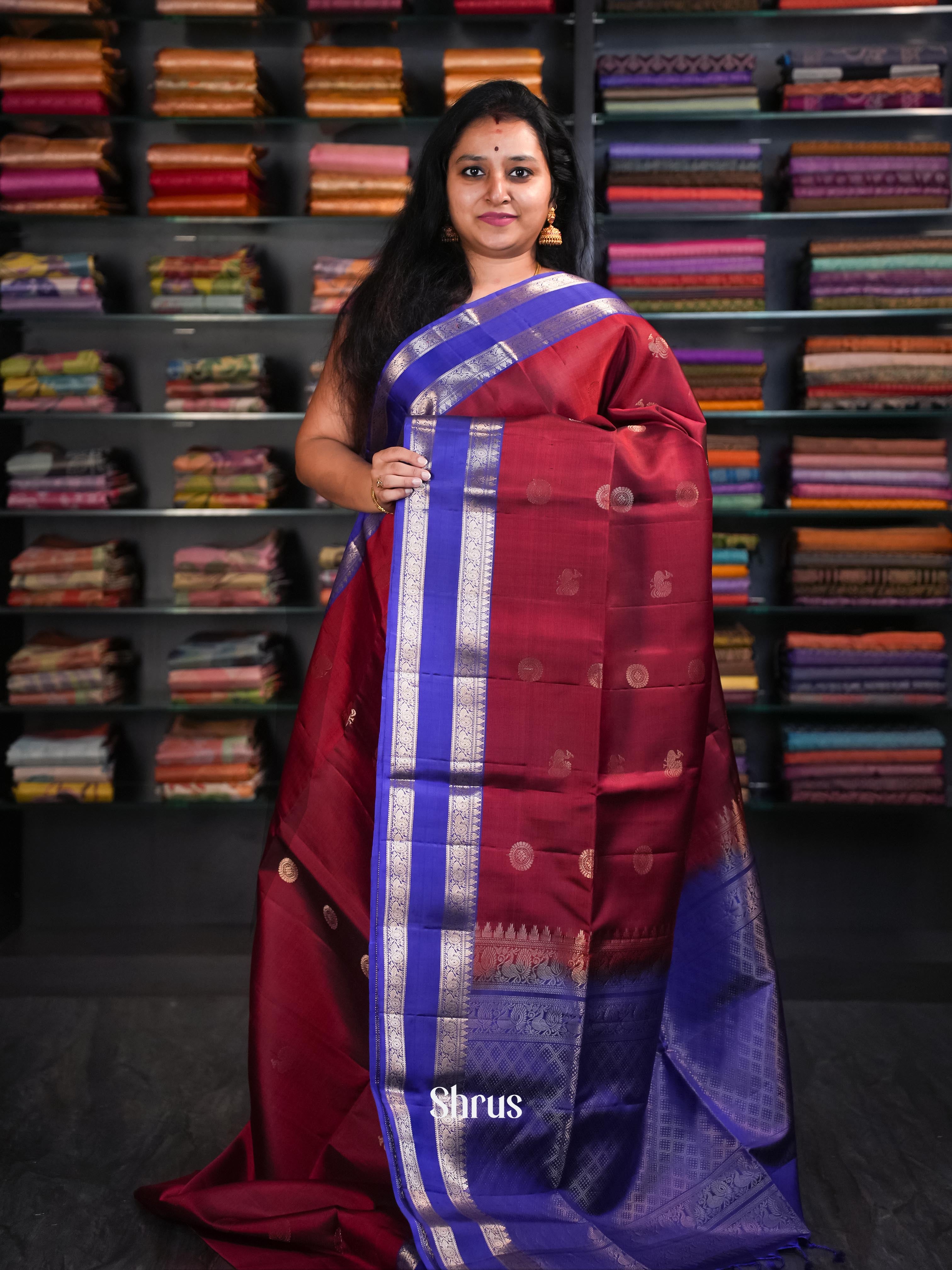 Maroon & Blue - Kanchi Border Soft Silk Saree - Shop on ShrusEternity.com