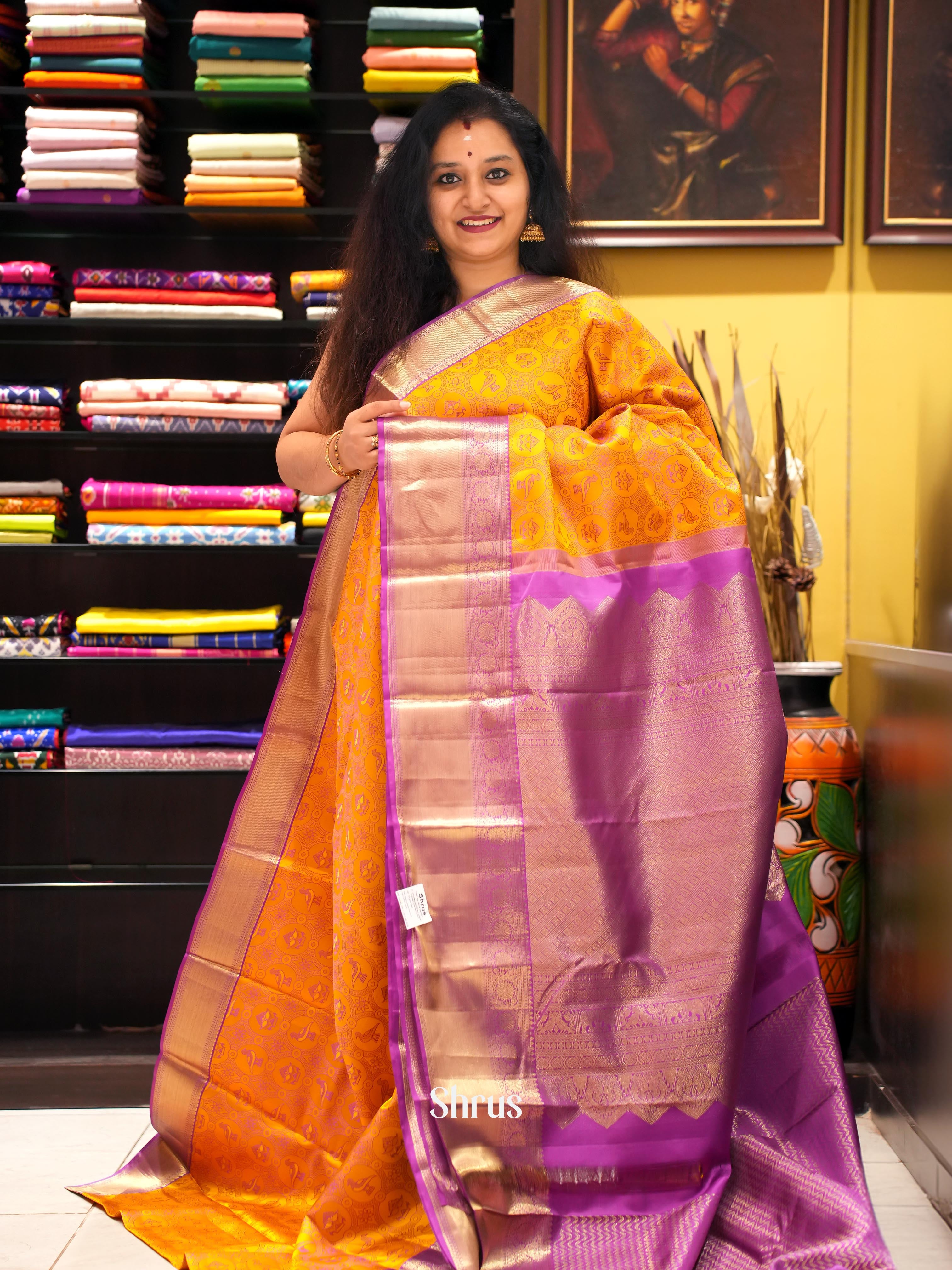 Mustard Yellow and Purple Kanchipuram silk Saree With Intricately Woven Bird Buttas-1