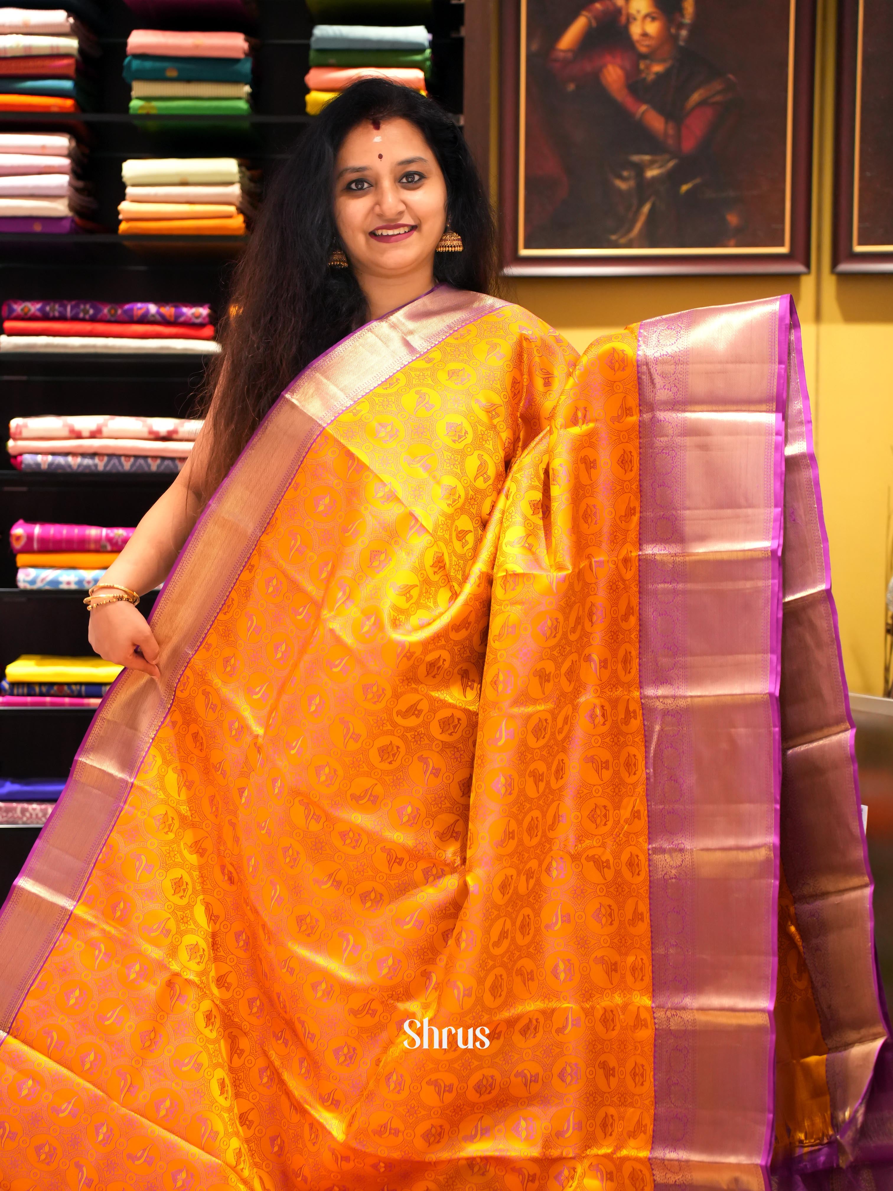 Mustard Yellow and Purple Kanchipuram silk Saree With Intricately Woven Bird Buttas-2