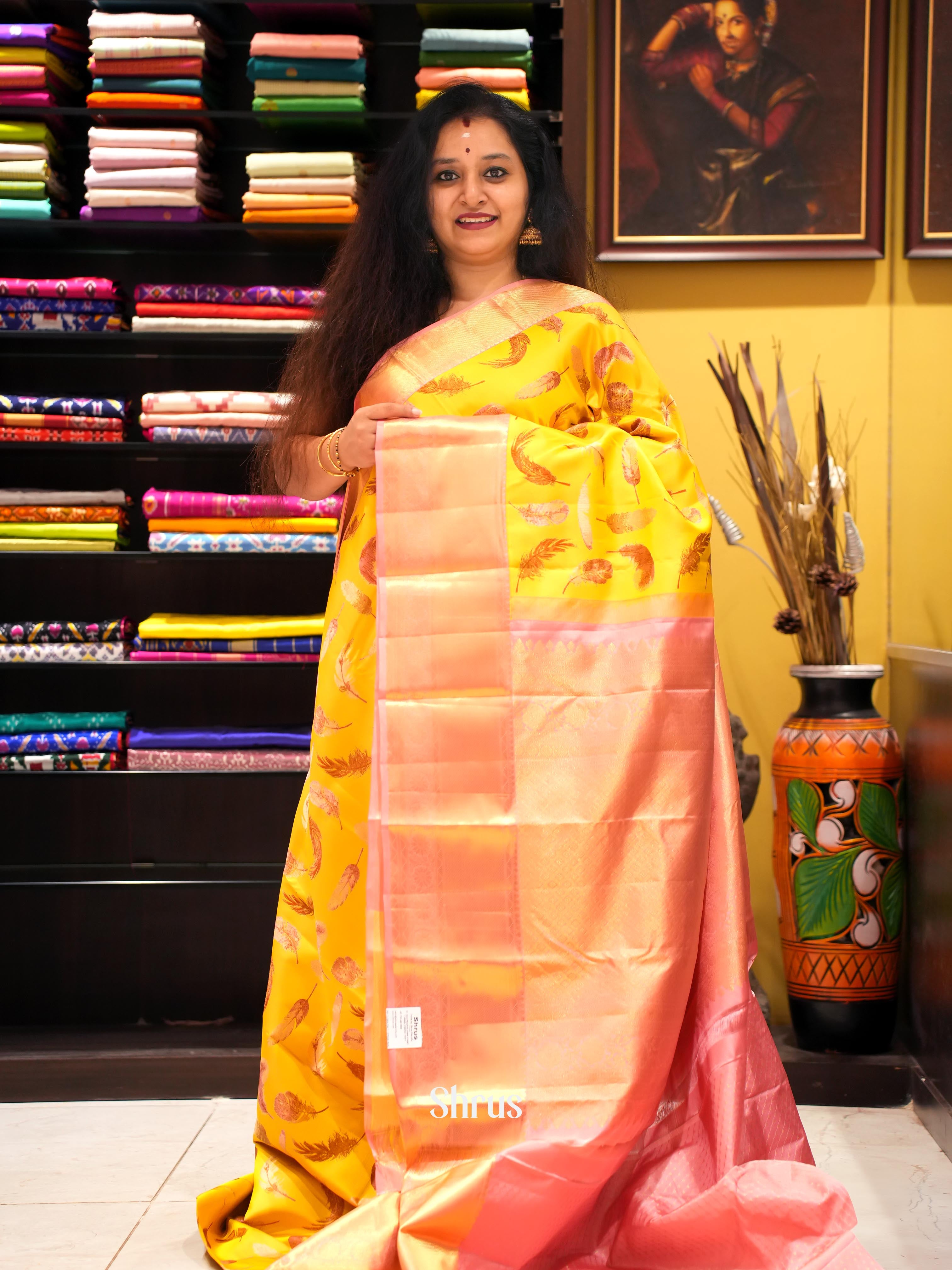 Exquisite Yellow and Pink Pure Kanchipuram silk Saree Adorned With a Unique Leaf-Woven Motifs-1