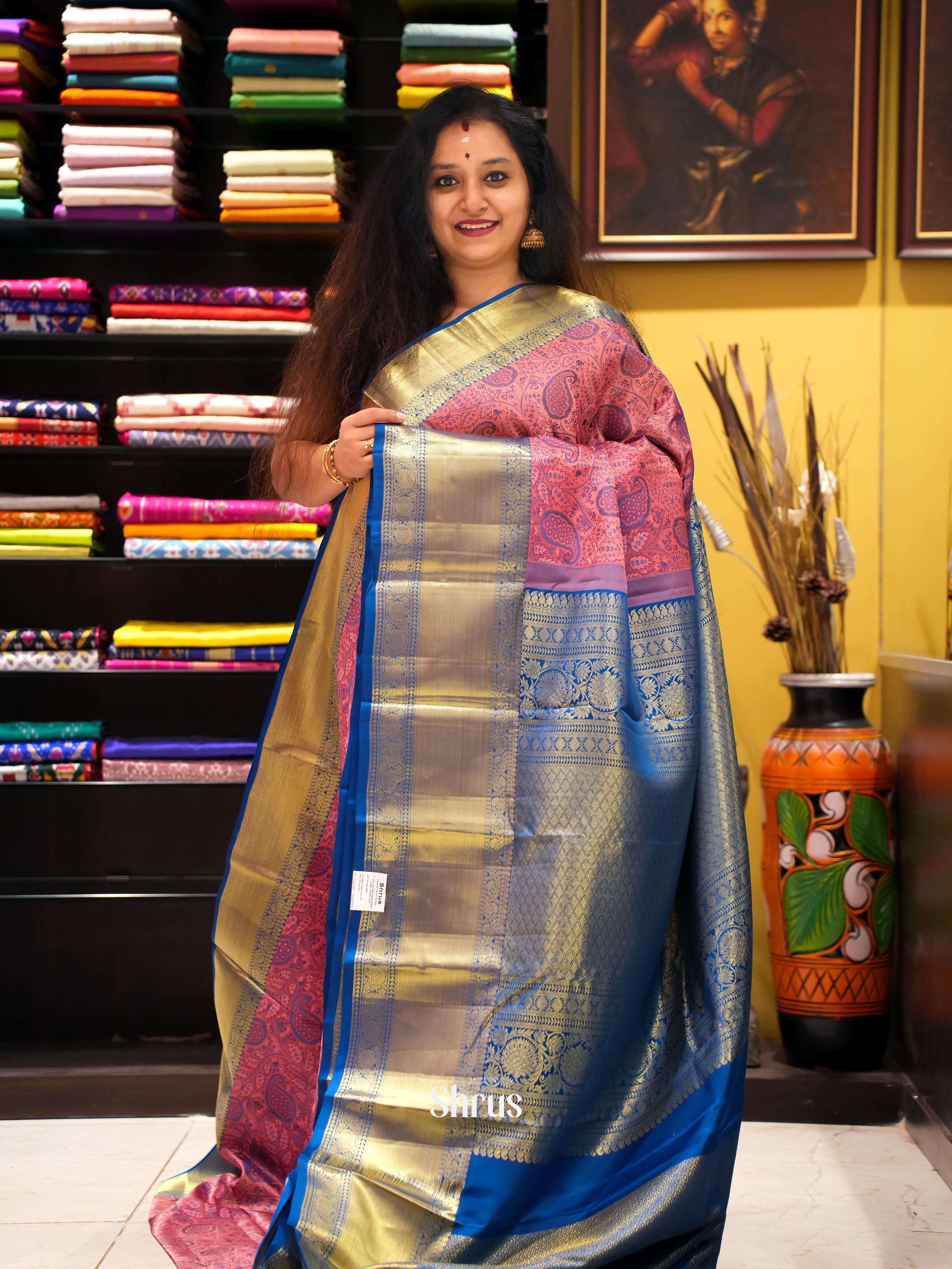 Peach Pink and Blue Kanchipuram silk Saree With Woven Paisley Motifs-1