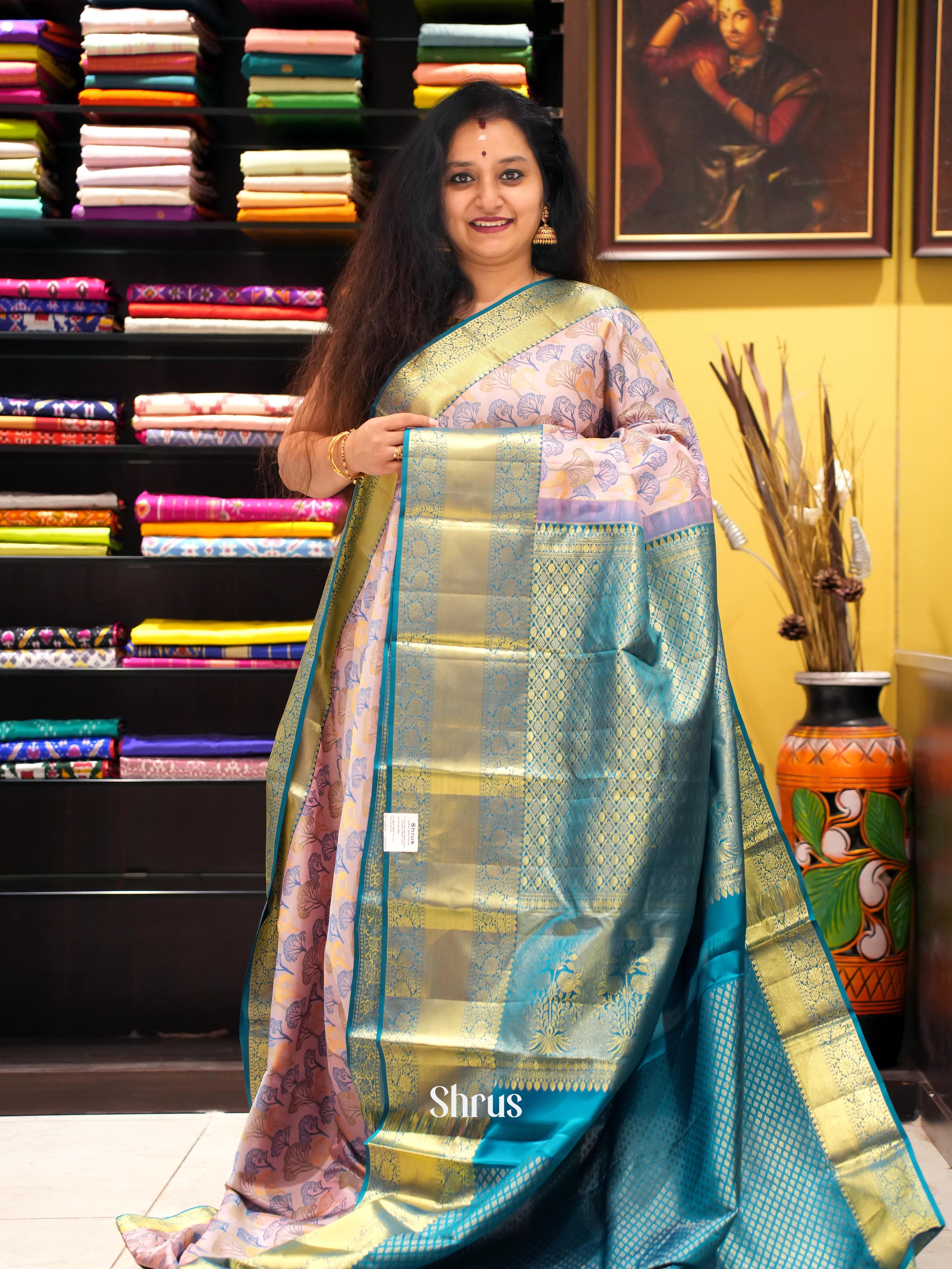 Charming Pink and Blue Pure Kanchipuram silk Saree With Intricately Woven Floral Pattern-1