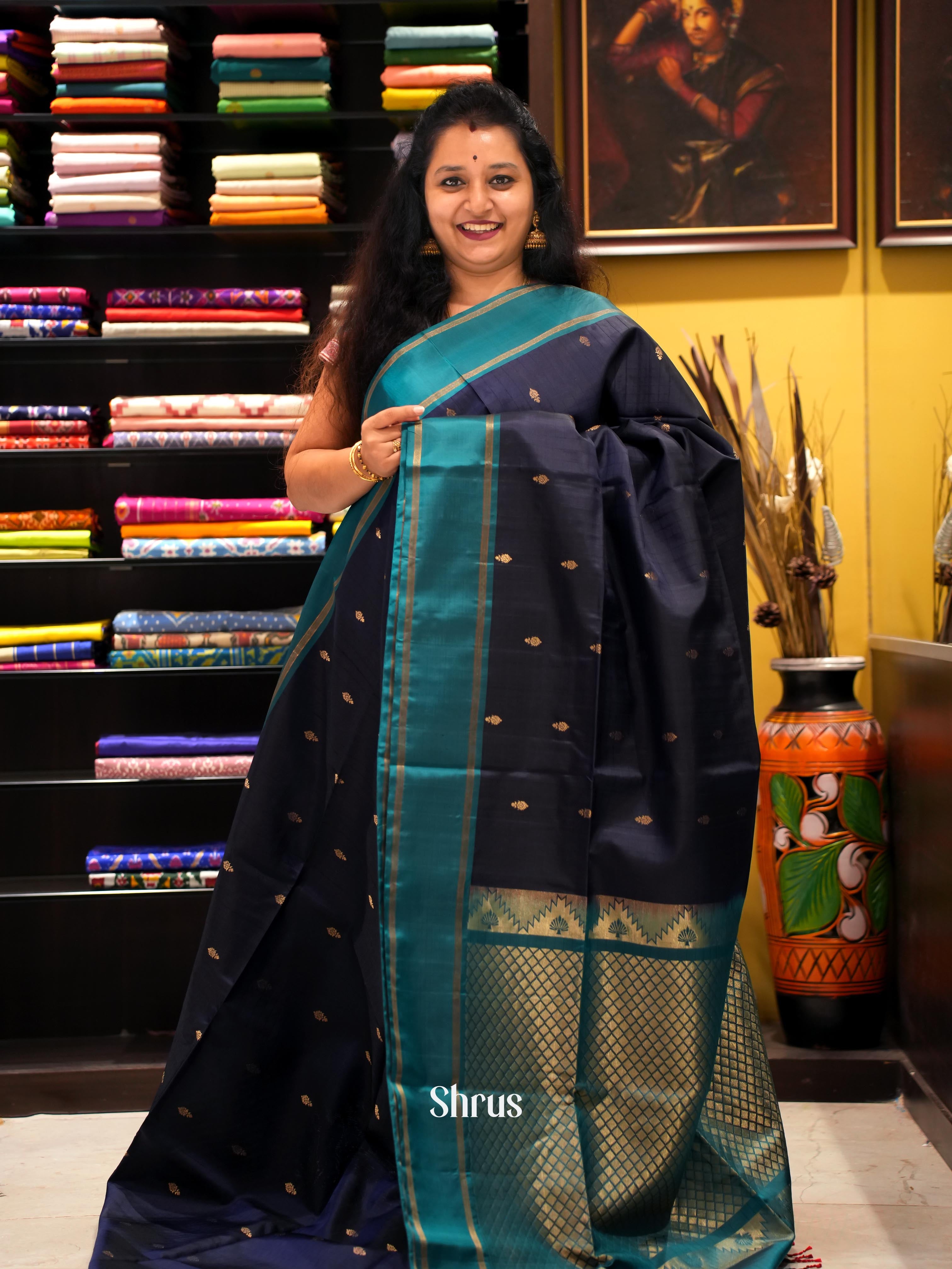 Navy Blue & Teal - Soft Silk Saree - Shop on ShrusEternity.com