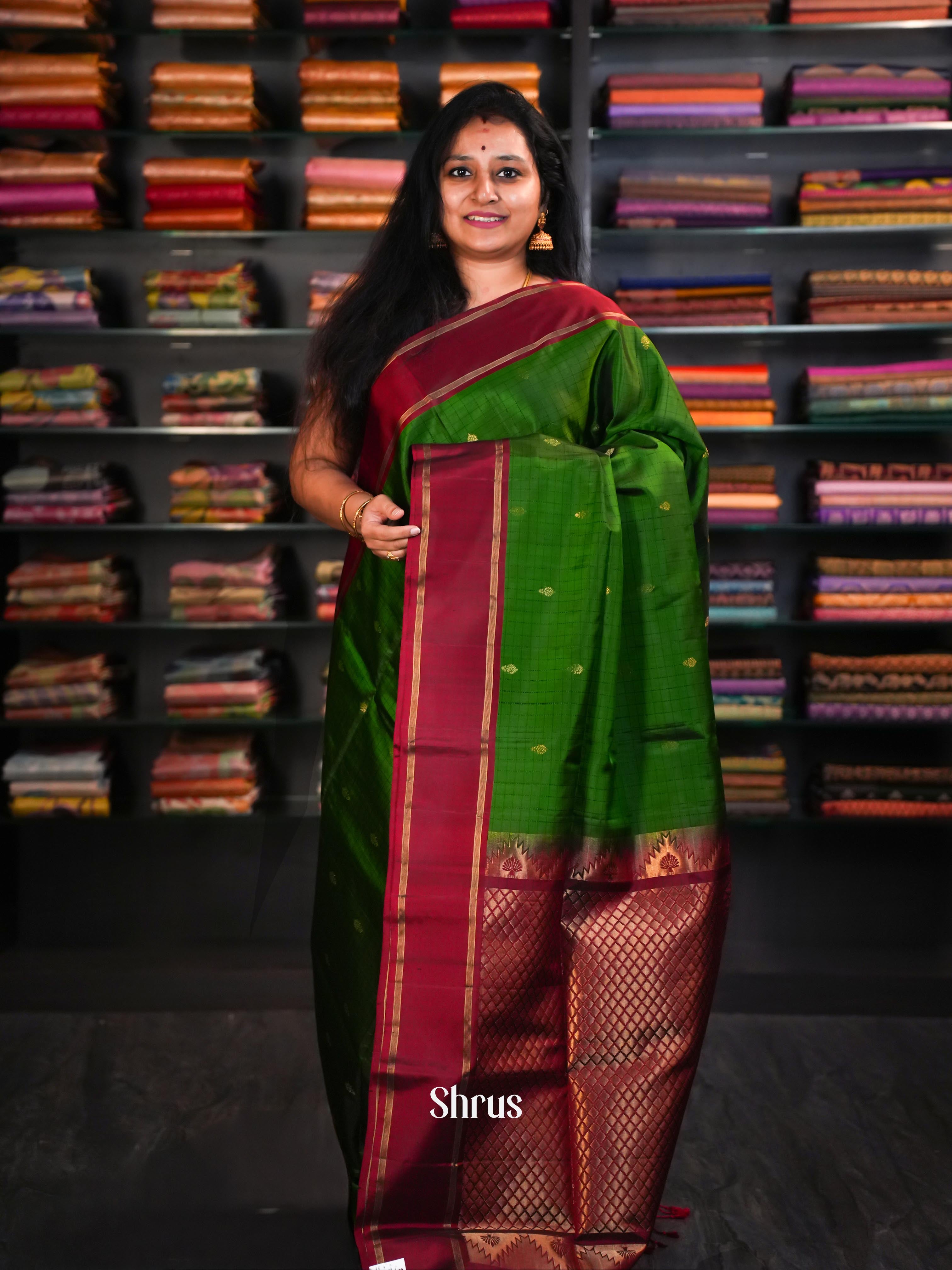 Green & Dark Red - Soft Silk Saree - Shop on ShrusEternity.com