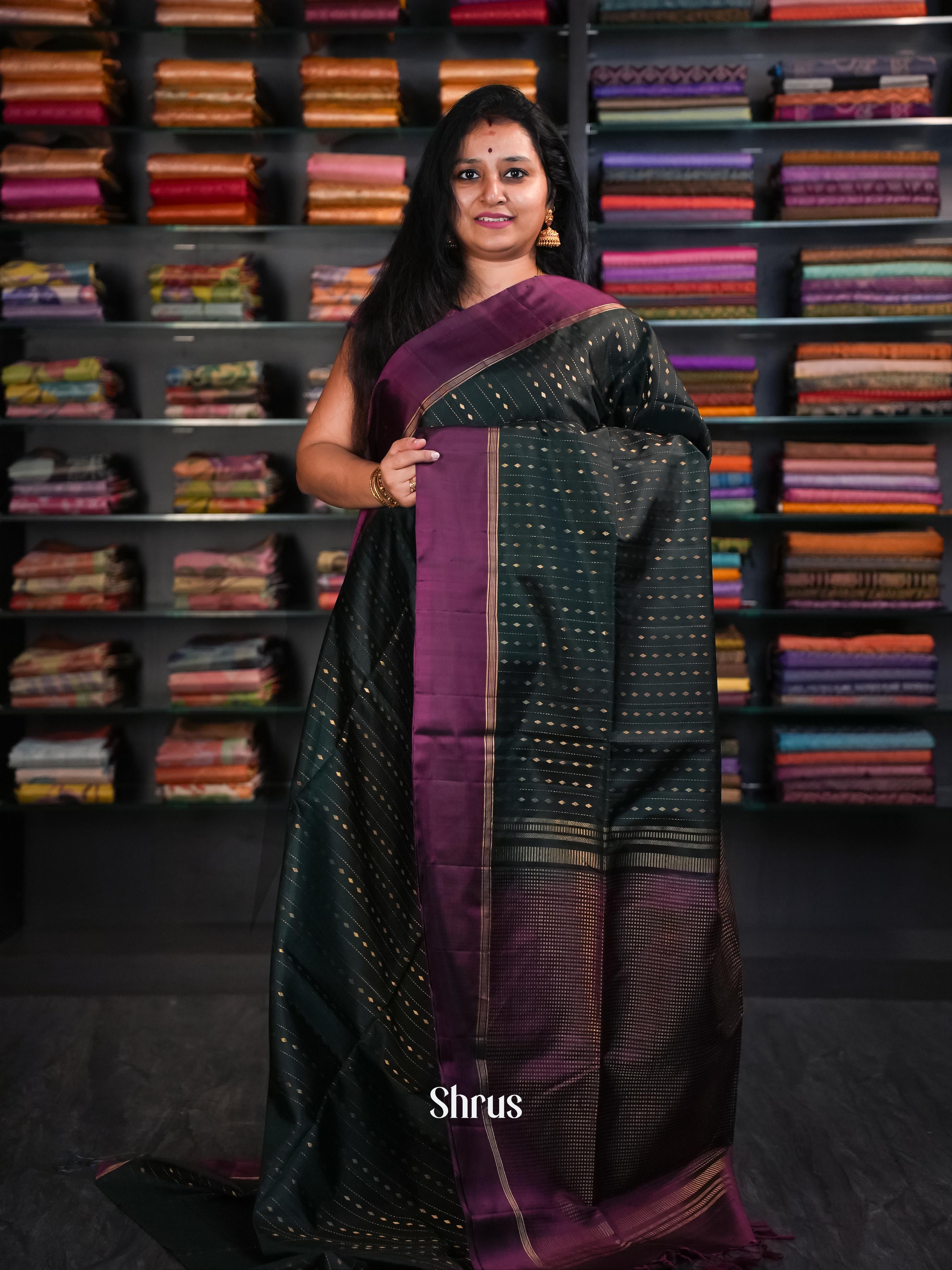 Dark Green & Purple - Soft Silk Saree - Shop on ShrusEternity.com