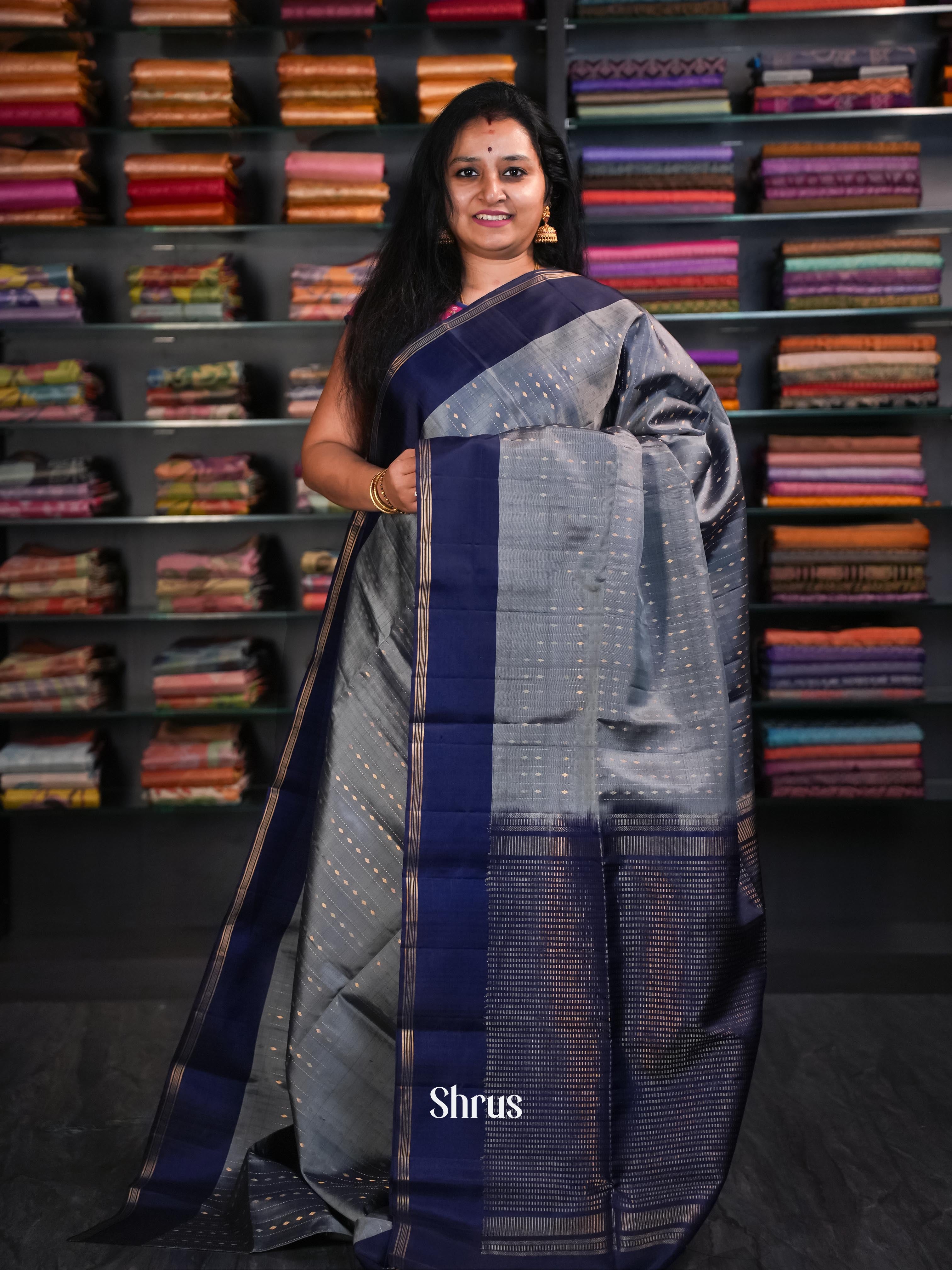 Grey & Blue - Soft Silk Saree - Shop on ShrusEternity.com
