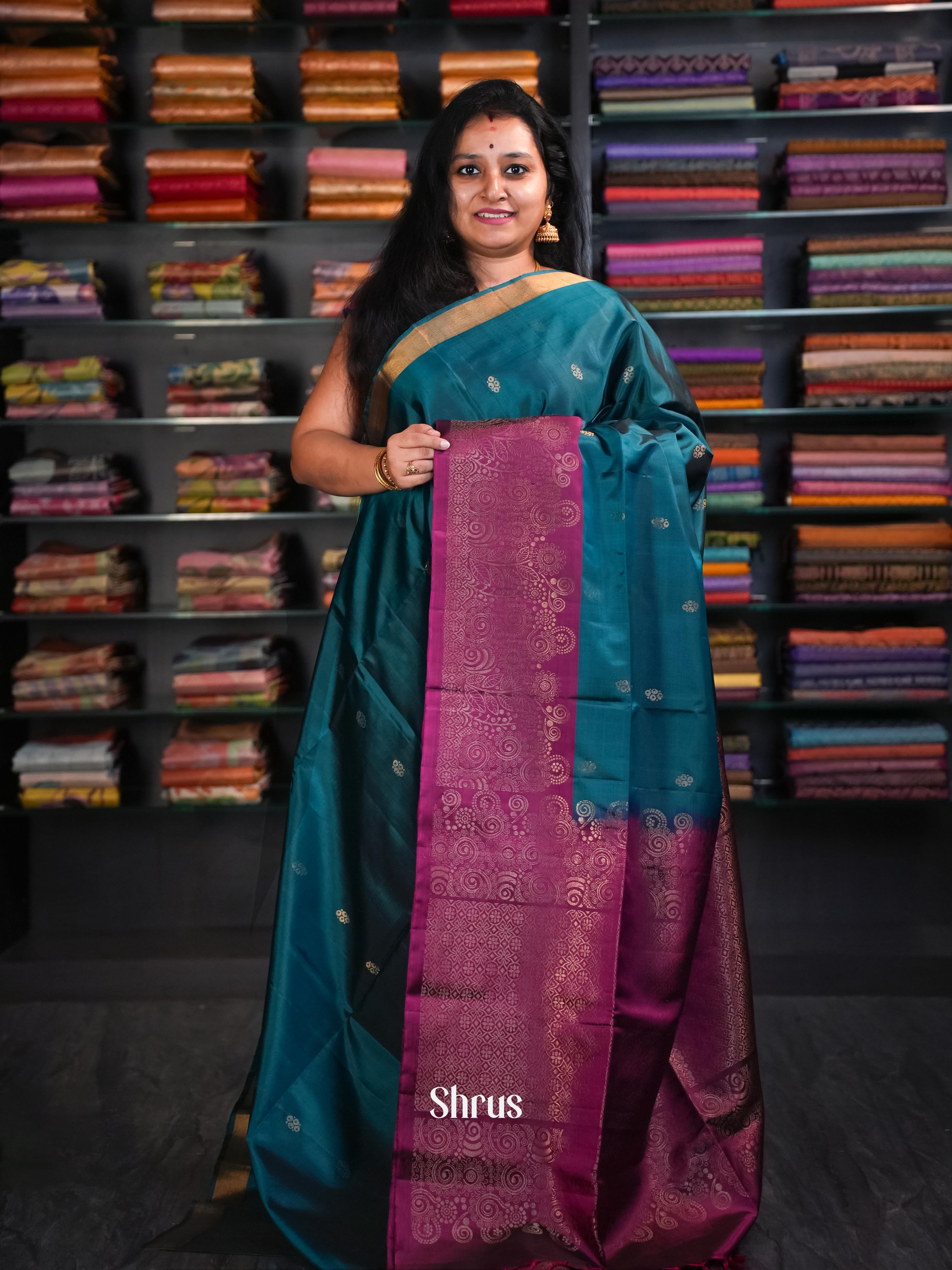 Peacock Green & Pinkish Maroon - Soft Silk Saree - Shop on ShrusEternity.com