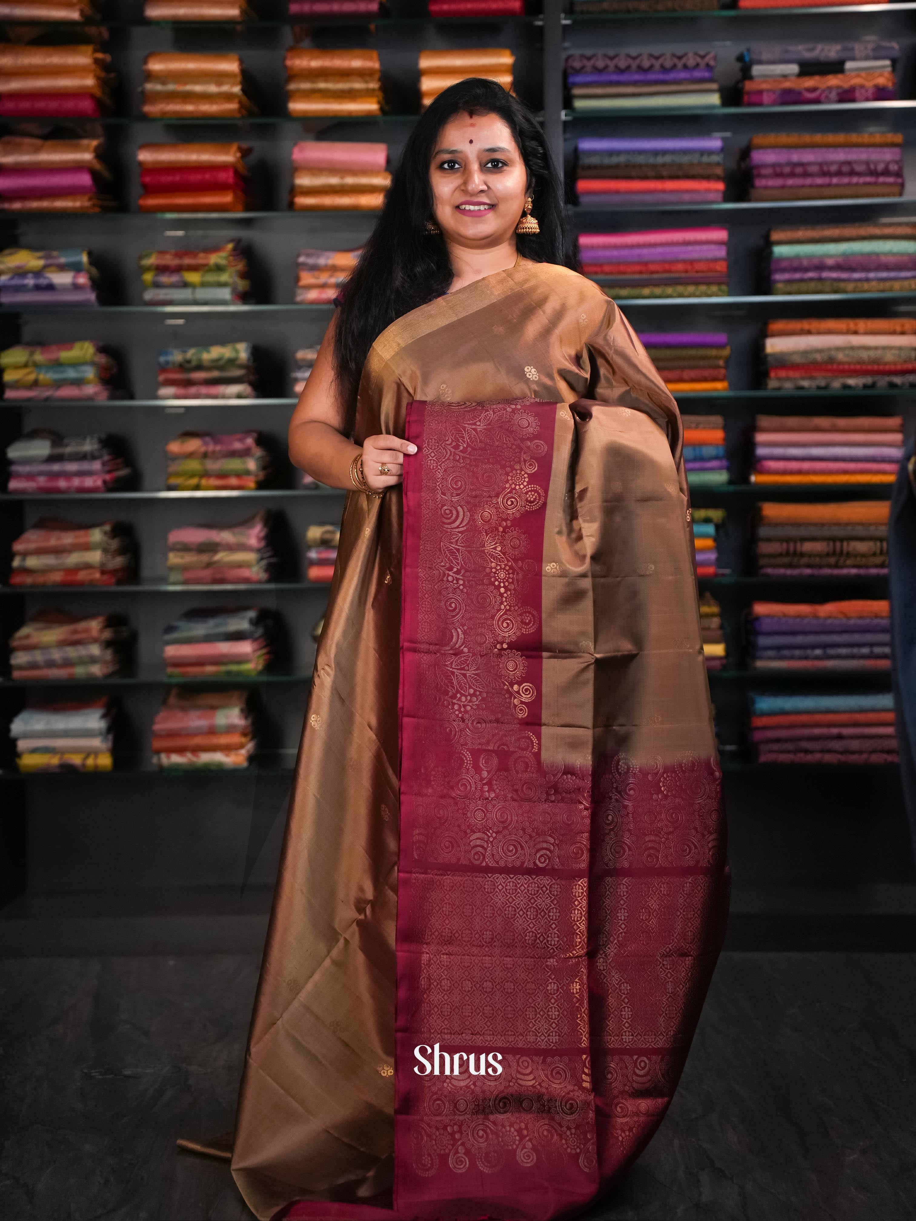 Brown & Maroon - Soft Silk Saree - Shop on ShrusEternity.com