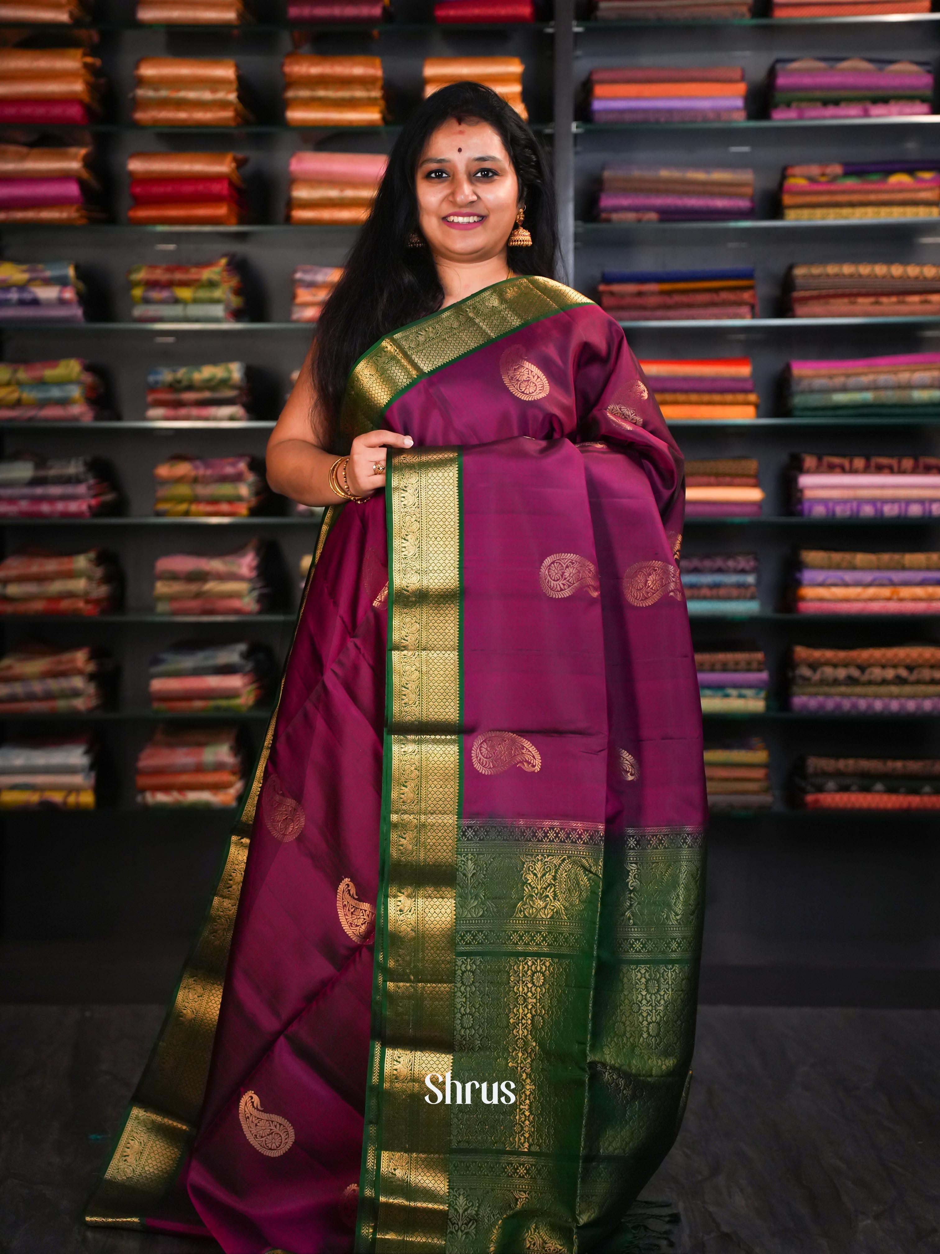Rosy Maroon & Green - Soft Silk Saree - Shop on ShrusEternity.com