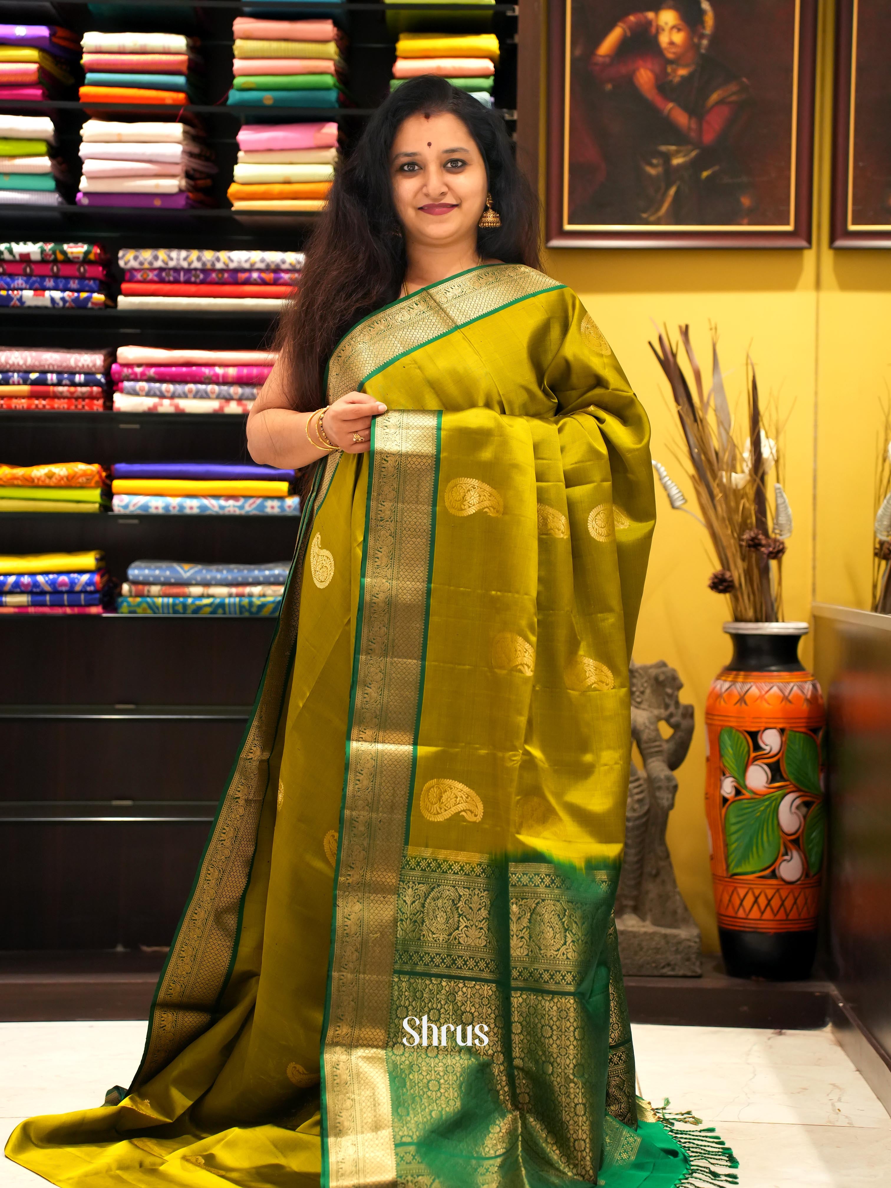 Light Green & Green - Kanchi Border Soft Silk Saree - Shop on ShrusEternity.com