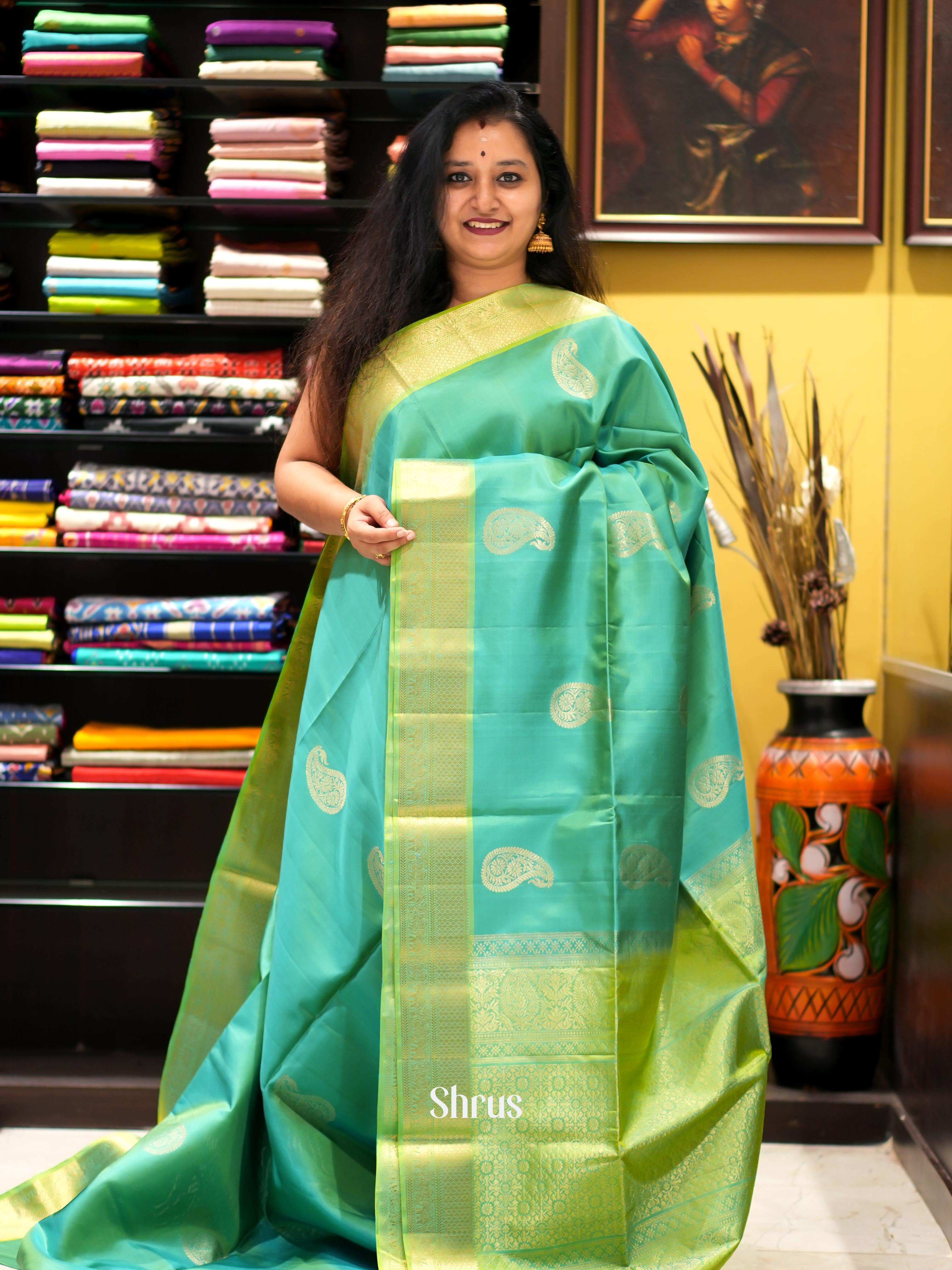 Teal & Lite Green - Kanchi Border Soft Silk Saree - Shop on ShrusEternity.com