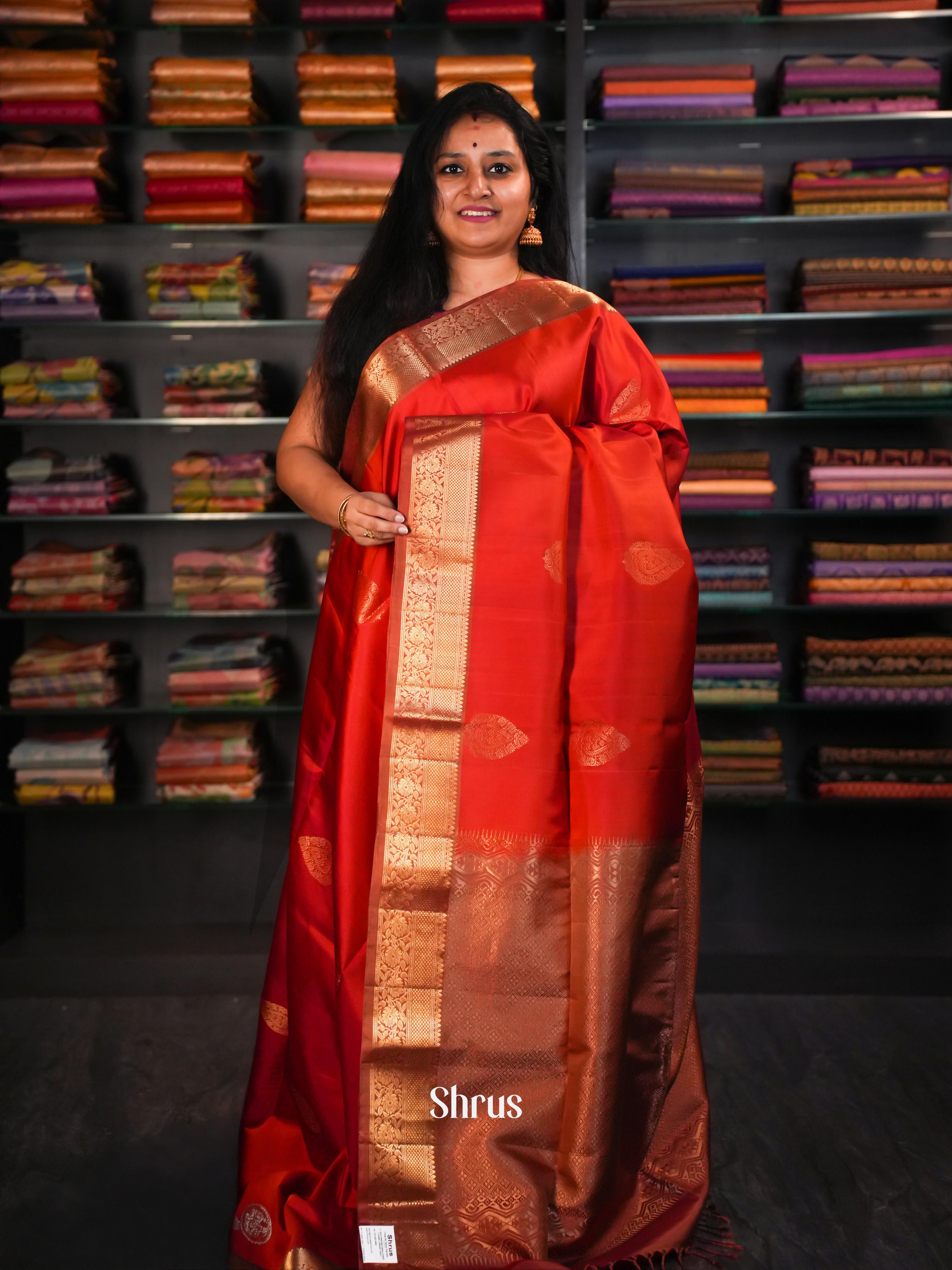 Reddish Orange & Chocolate Brown - Soft Silk Saree - Shop on ShrusEternity.com