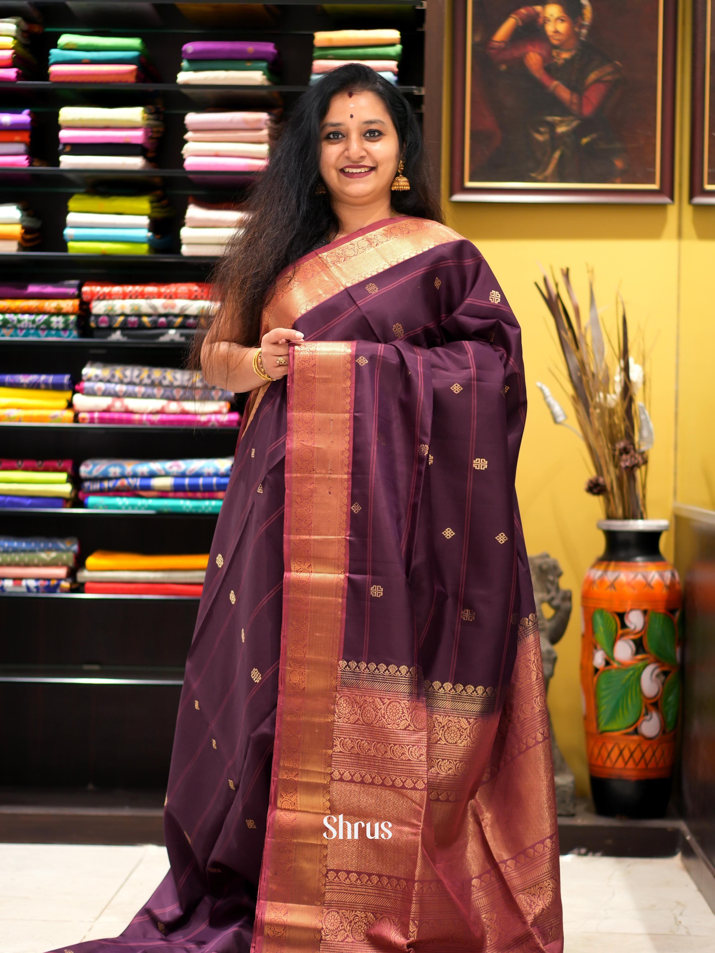 Purple & Maroon - Kanchi Border Soft Silk Saree - Shop on ShrusEternity.com