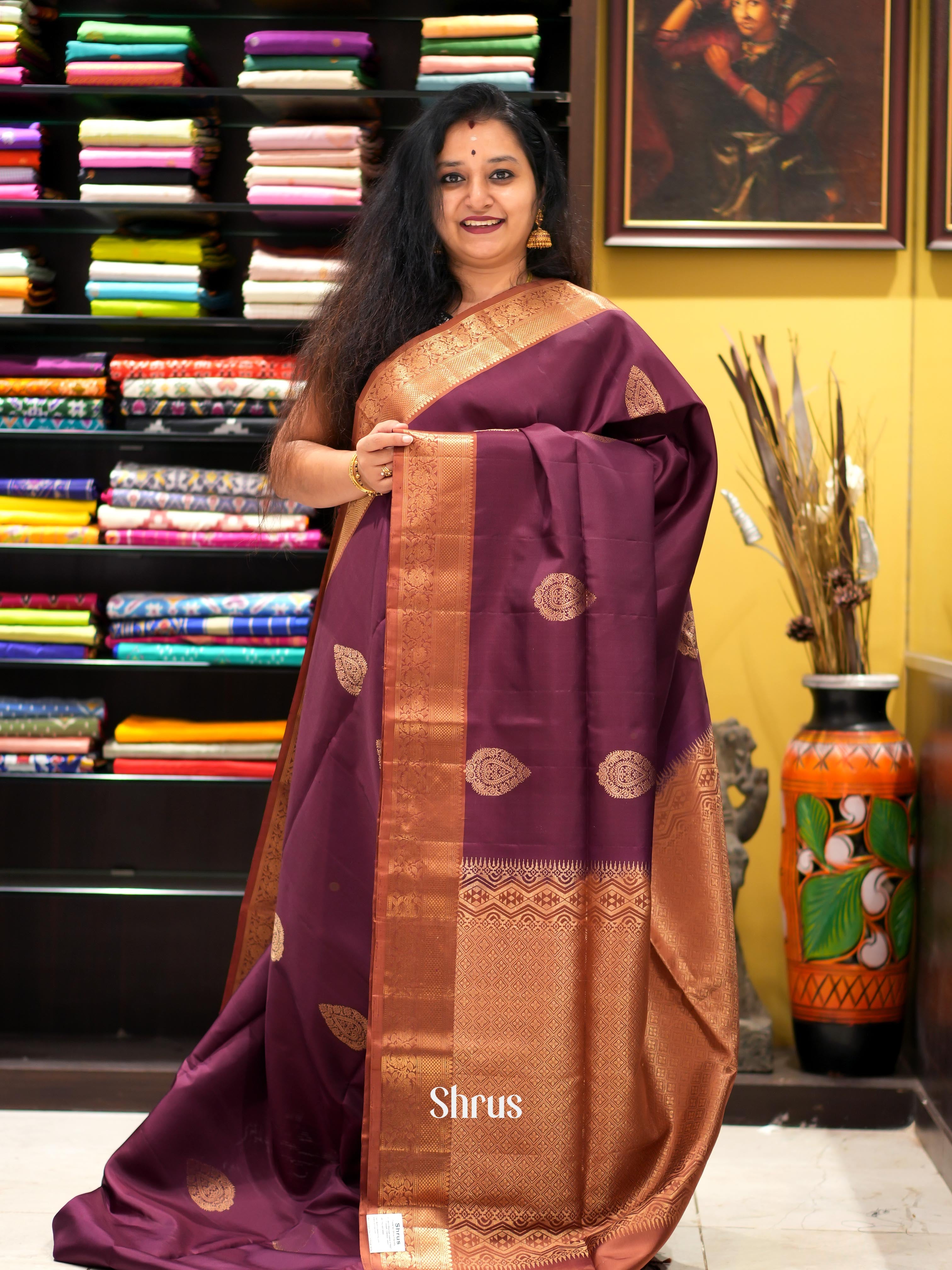 Wine & Brown - Kanchi Border Soft Silk Saree-1