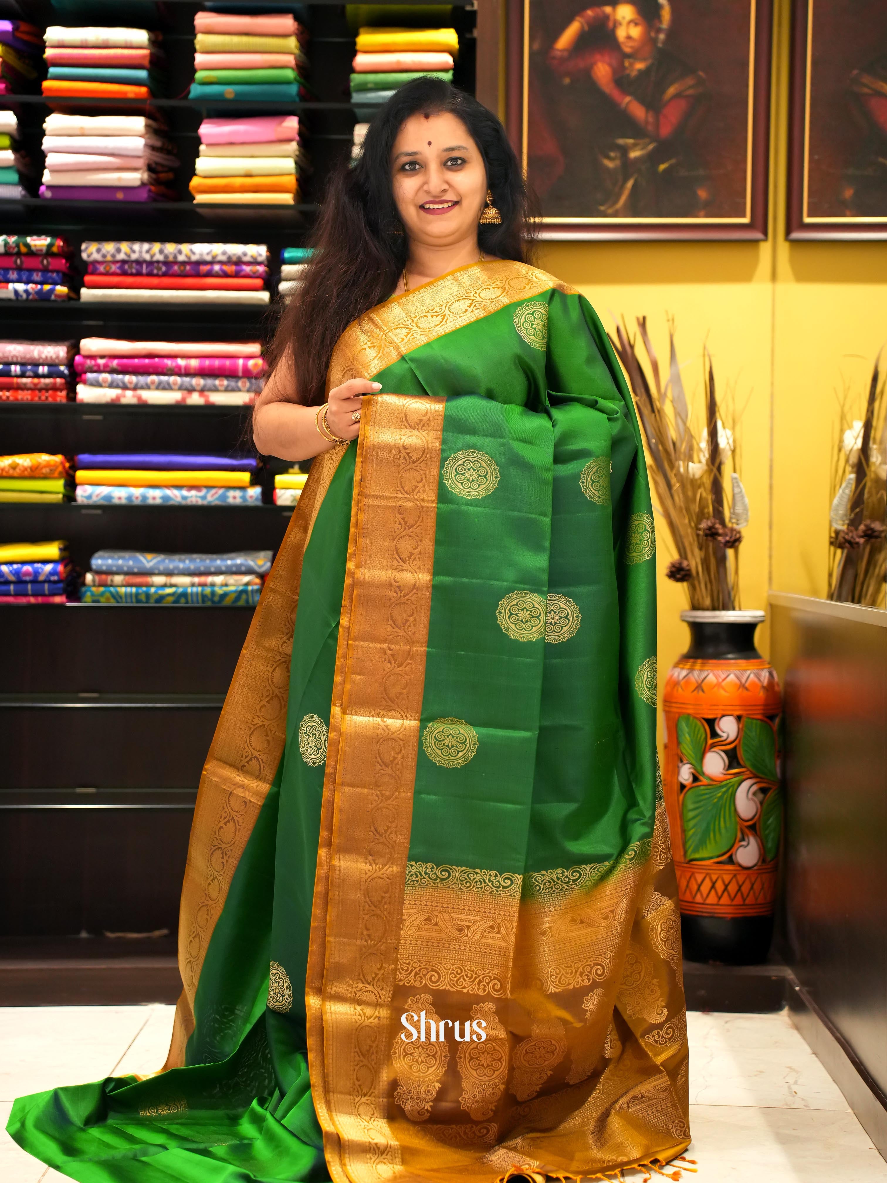 Green & Mustard- Kanchi Border Soft Silk Saree - Shop on ShrusEternity.com