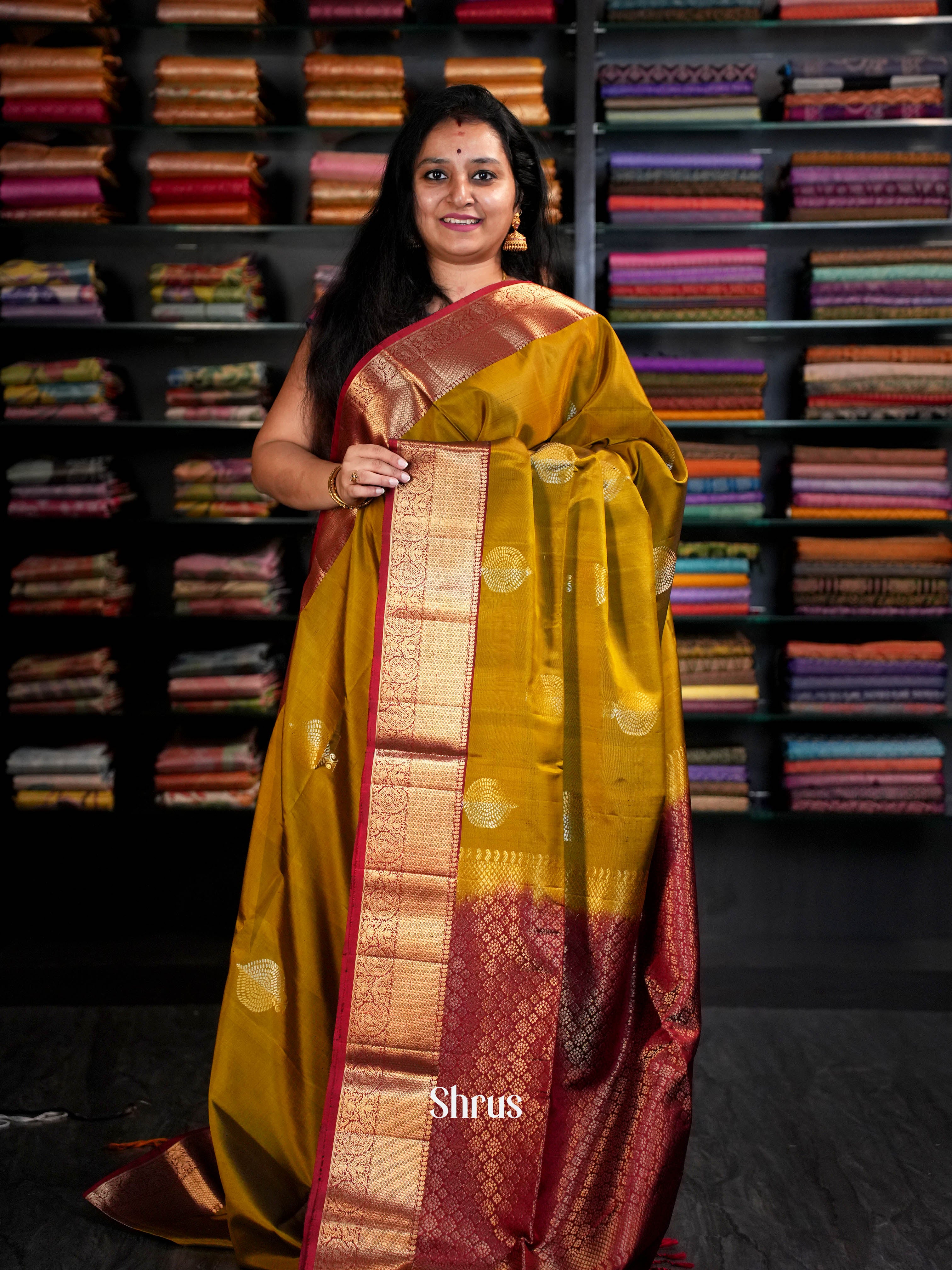 Mustardy Green & Maroon - Kanchi Border Soft Silk Saree - Shop on ShrusEternity.com