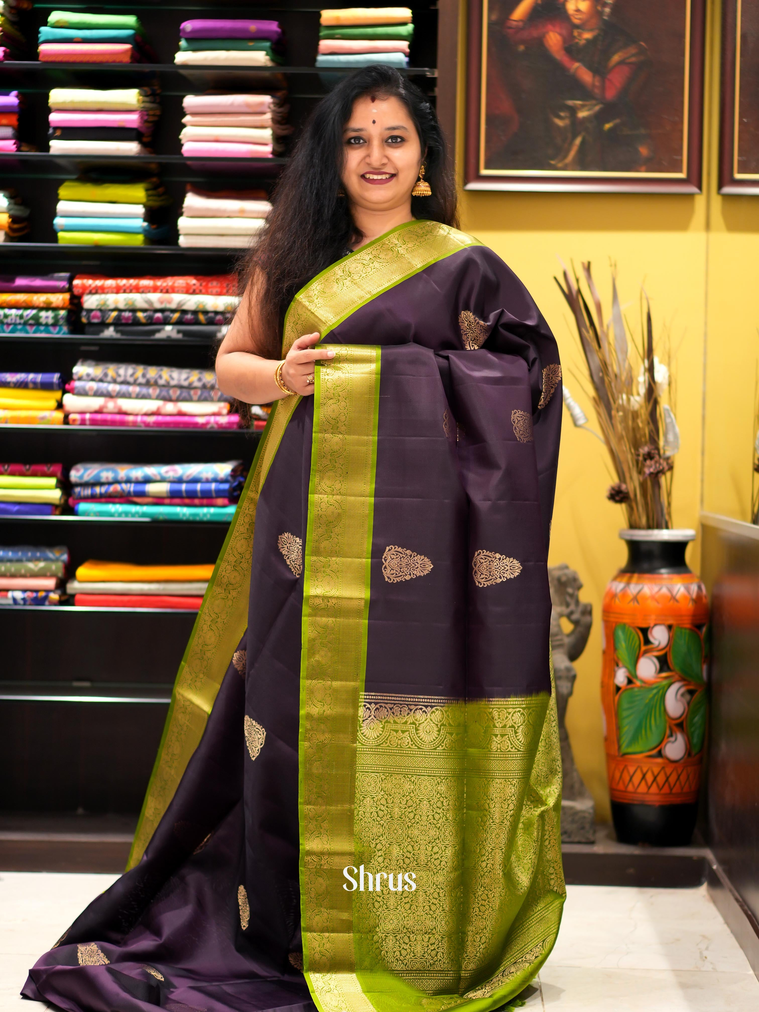 Purple & Green - Kanchi Border Soft Silk Saree - Shop on ShrusEternity.com