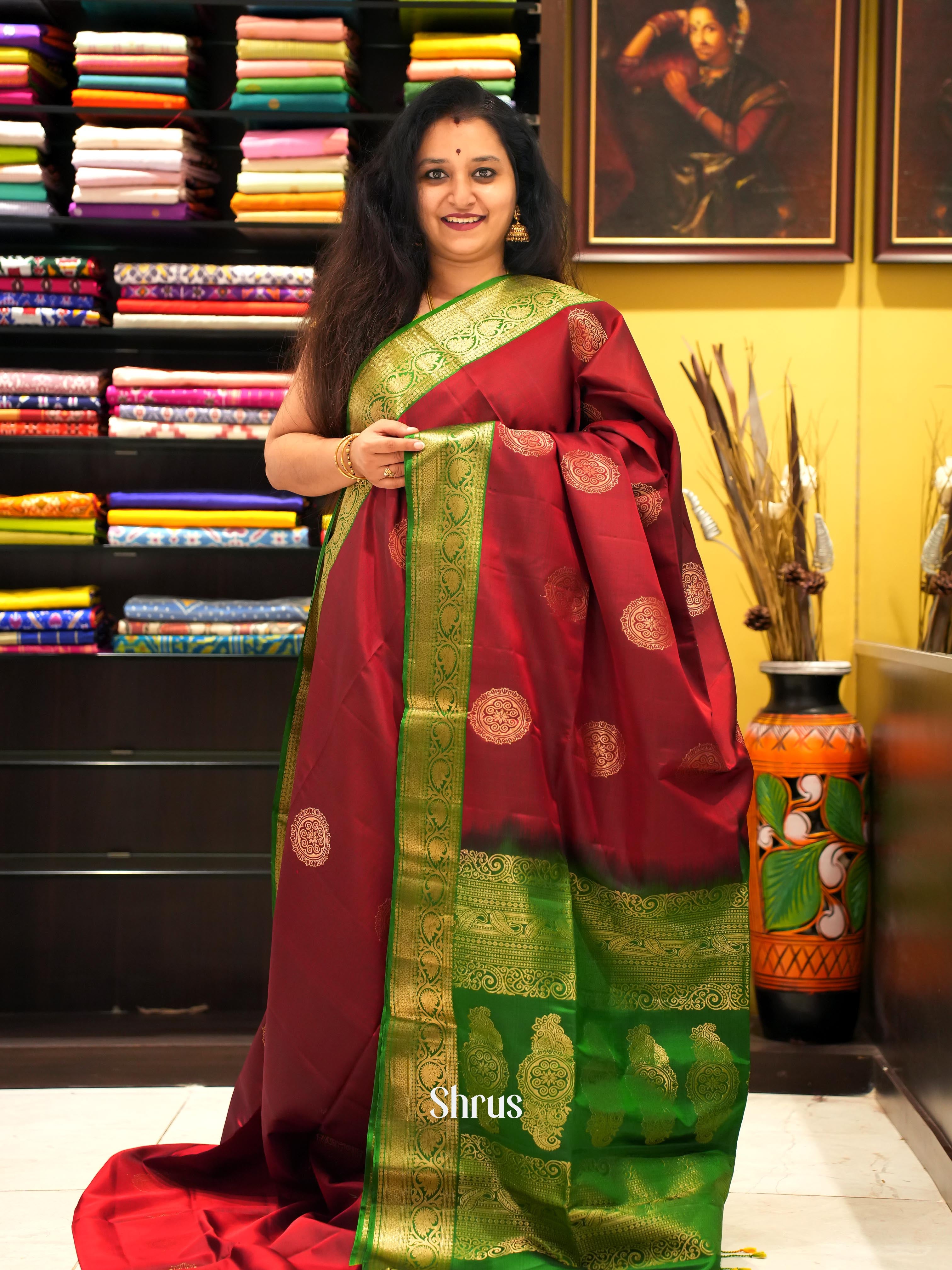 Maroon & Green - Kanchi Border Soft Silk Saree - Shop on ShrusEternity.com