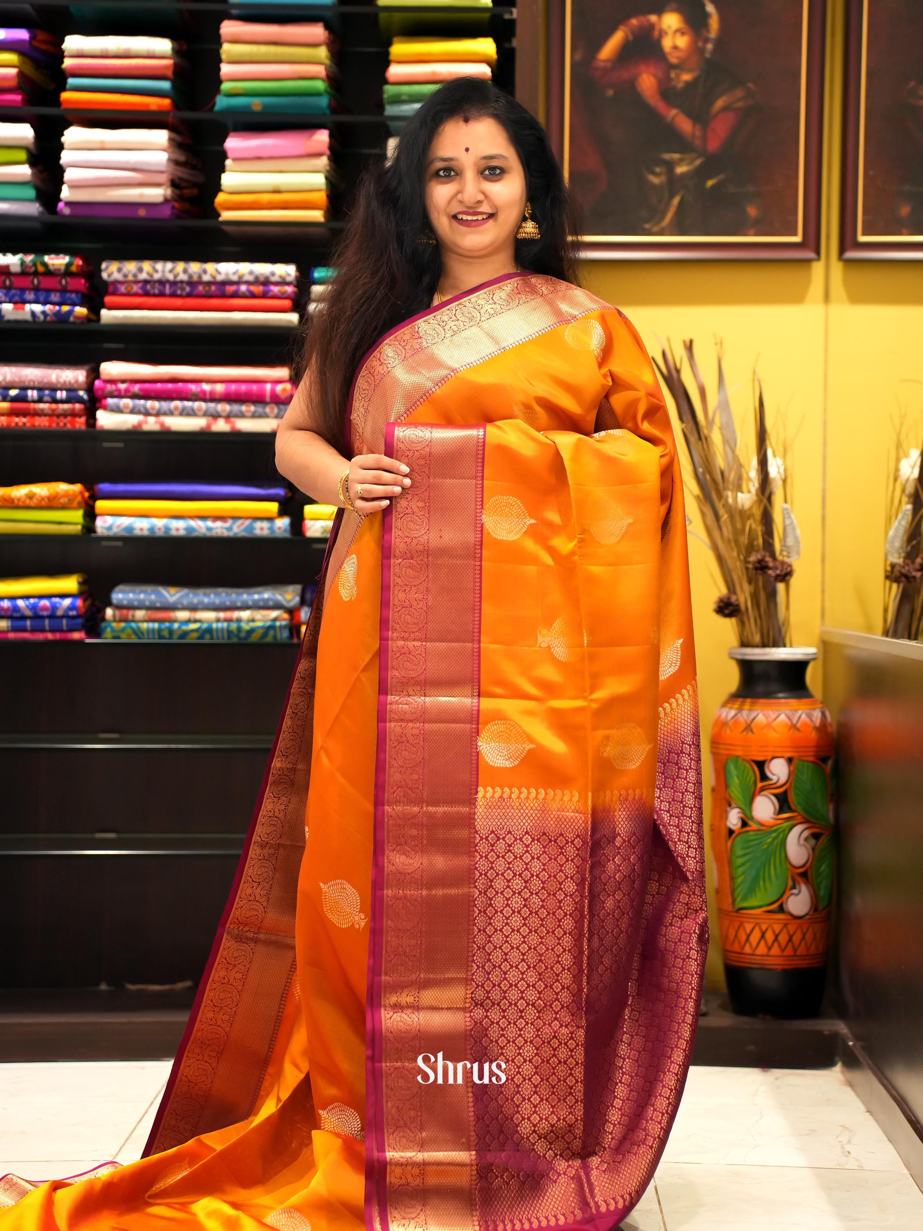Orange & Majenta - Kanchi Border Soft Silk Saree - Shop on ShrusEternity.com