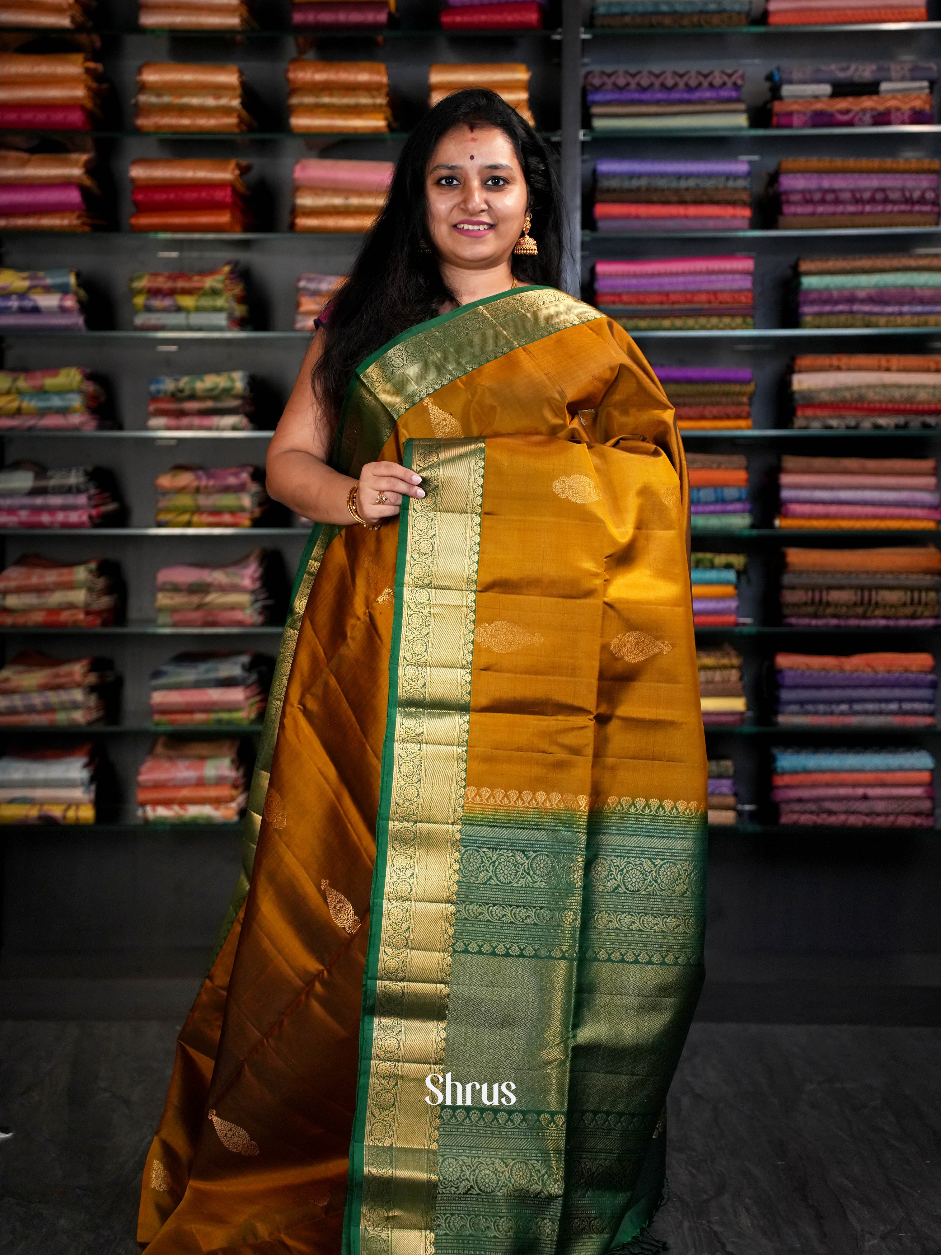 Honey & Green -Kanchi Border Soft Silk Saree - Shop on ShrusEternity.com