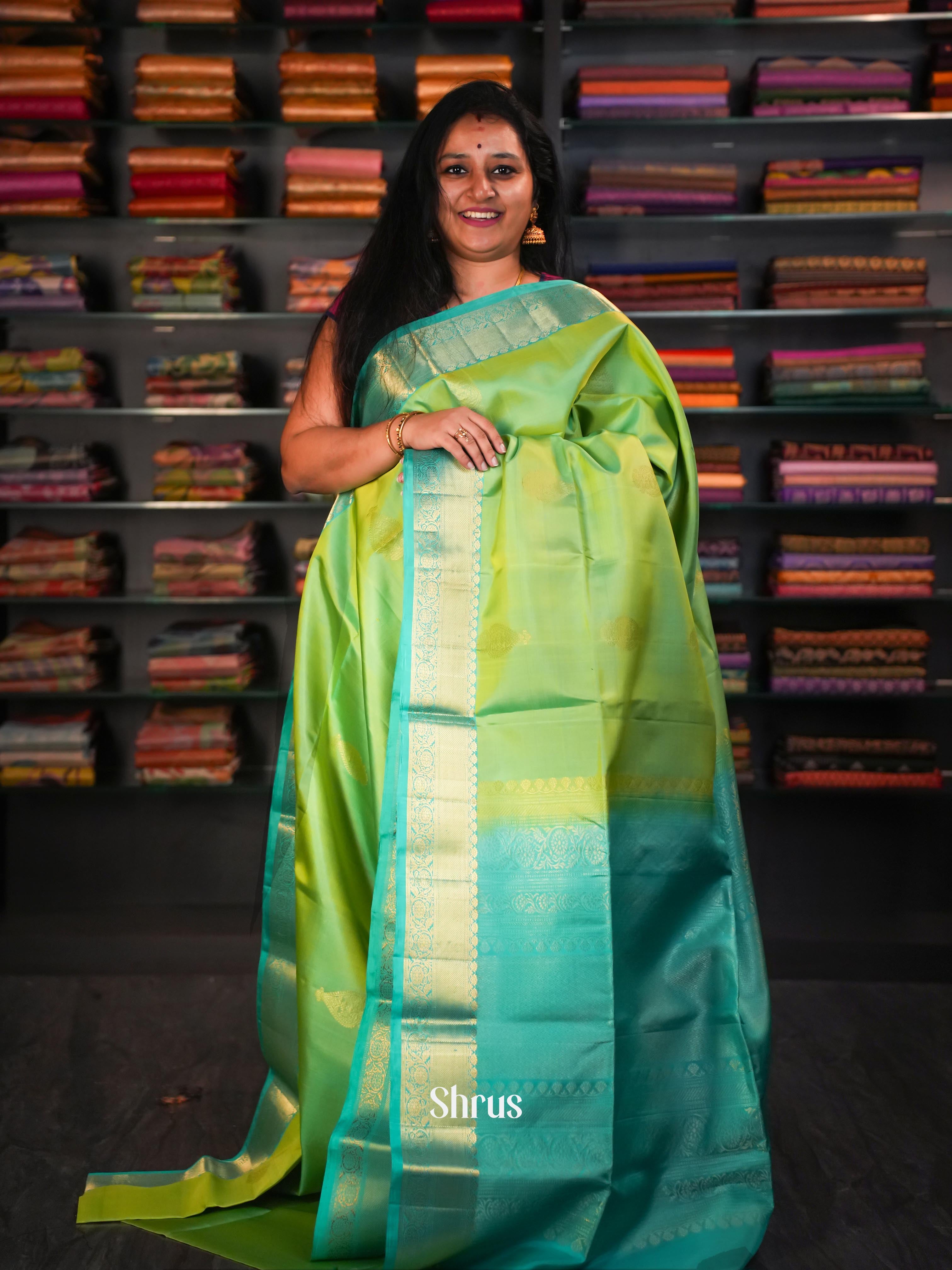 Teal & Yellowish Green - Soft Silk Saree - Shop on ShrusEternity.com