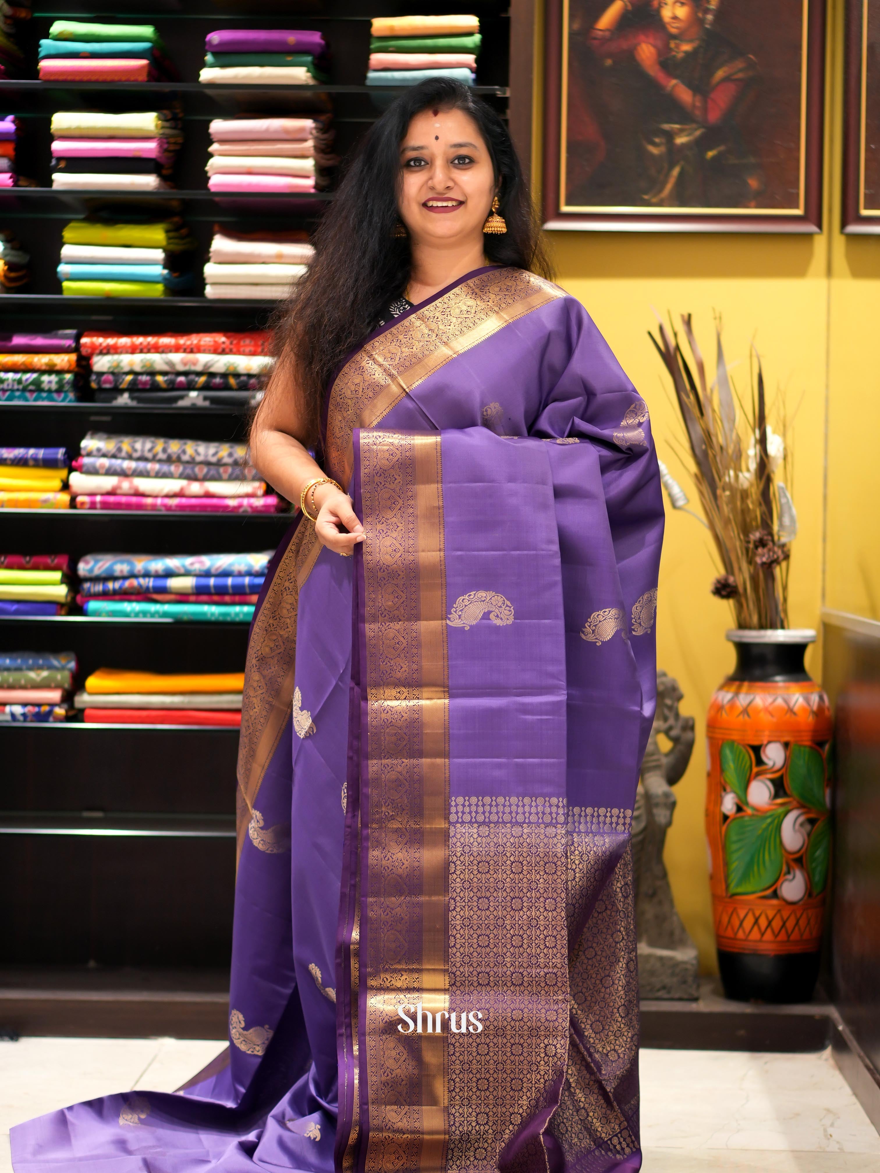 Purple & Violet - Kanchi Border Soft Silk Saree - Shop on ShrusEternity.com