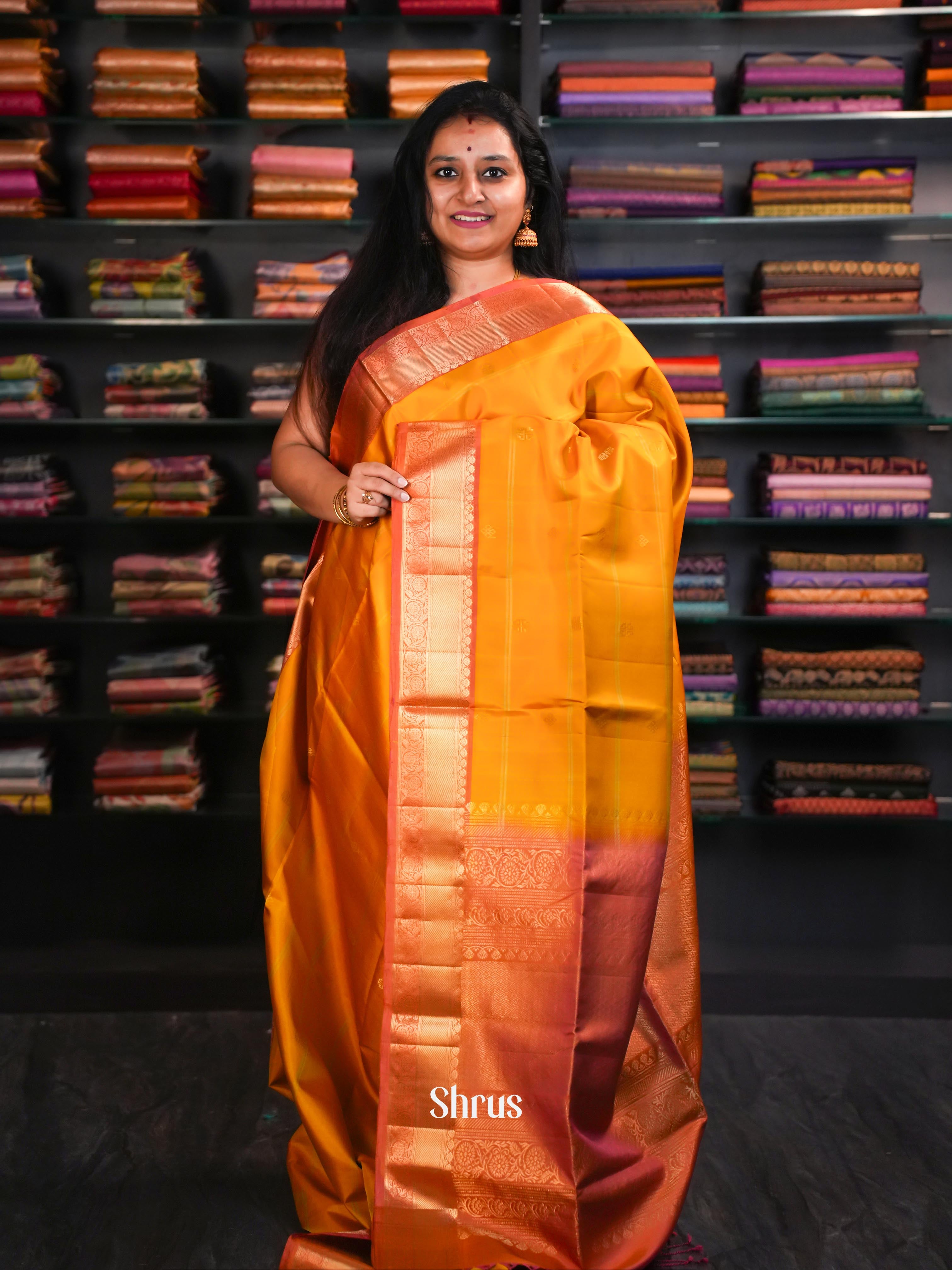 Peachy Orange & Golden Yellow - Soft Silk Saree - Shop on ShrusEternity.com
