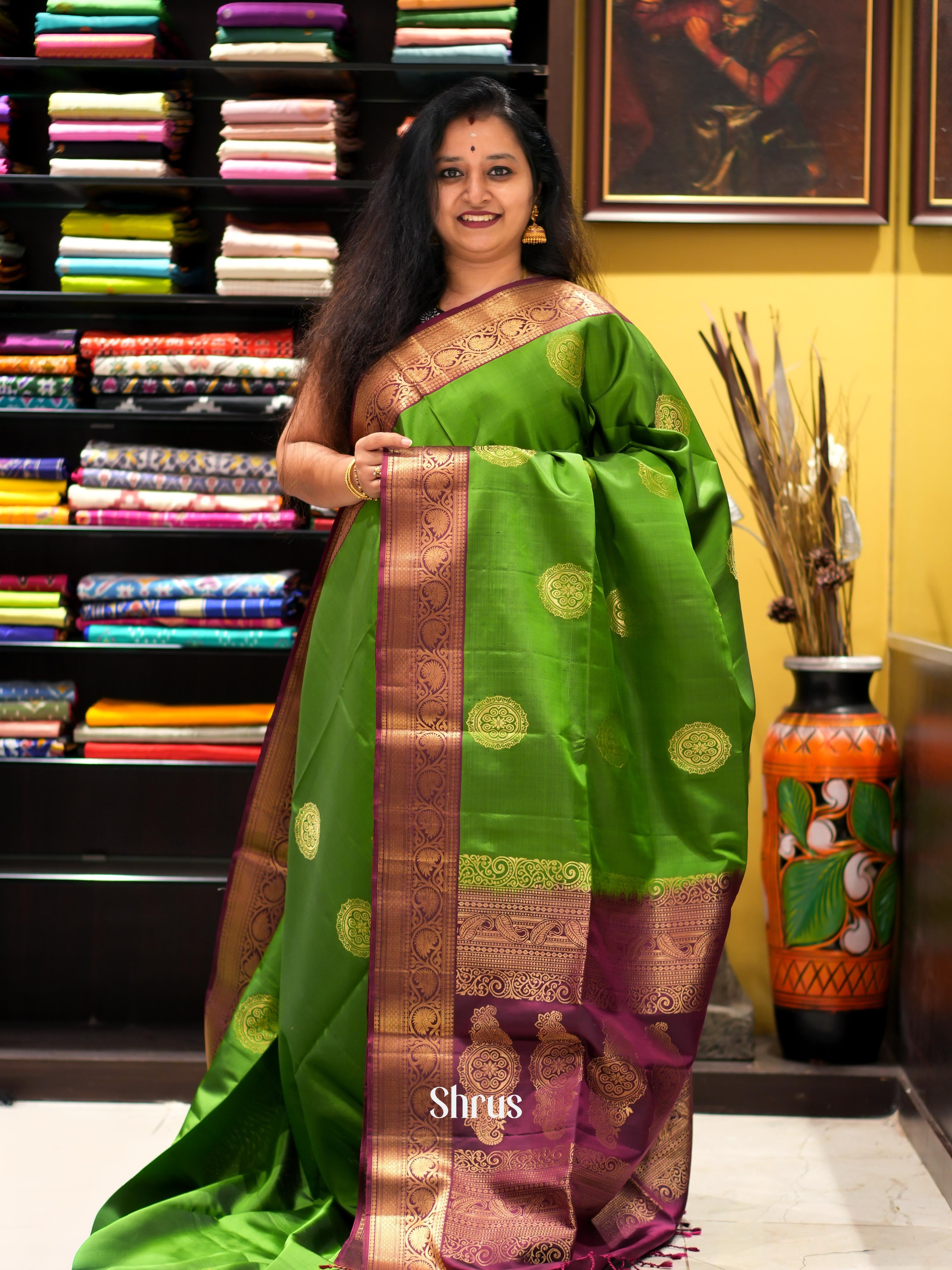 Green & Purple - Kanchi Border Soft Silk Saree - Shop on ShrusEternity.com