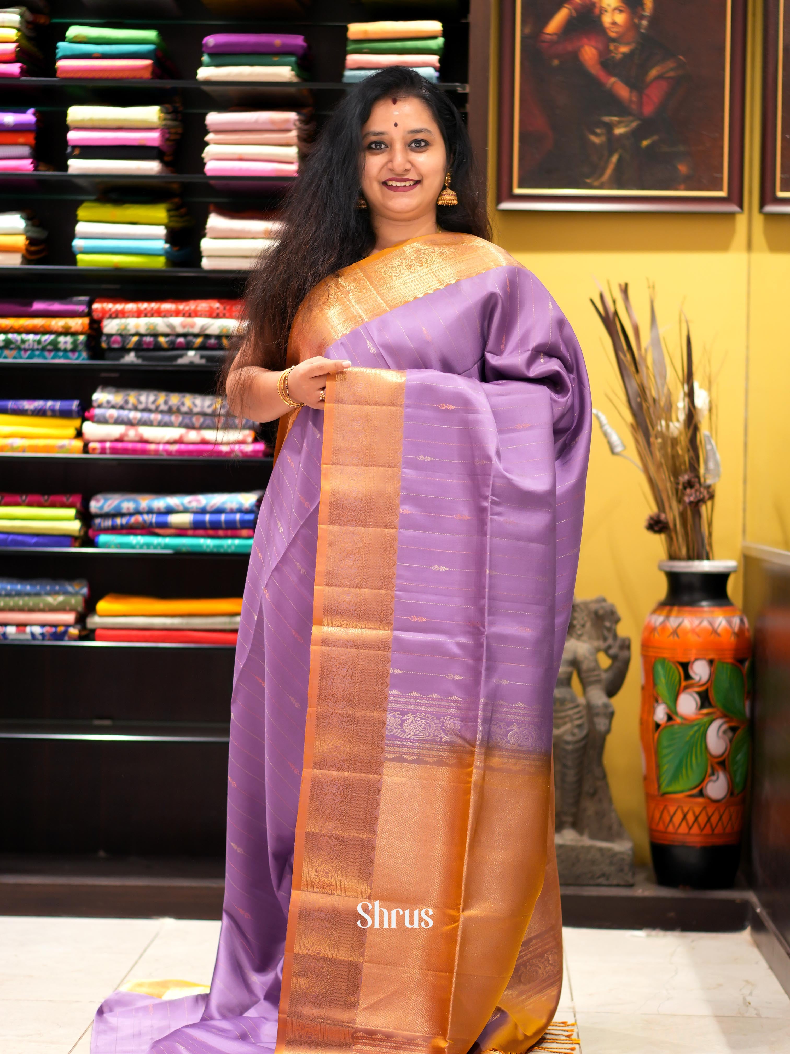 Purple - Kanchi Border Soft Silk Saree - Shop on ShrusEternity.com