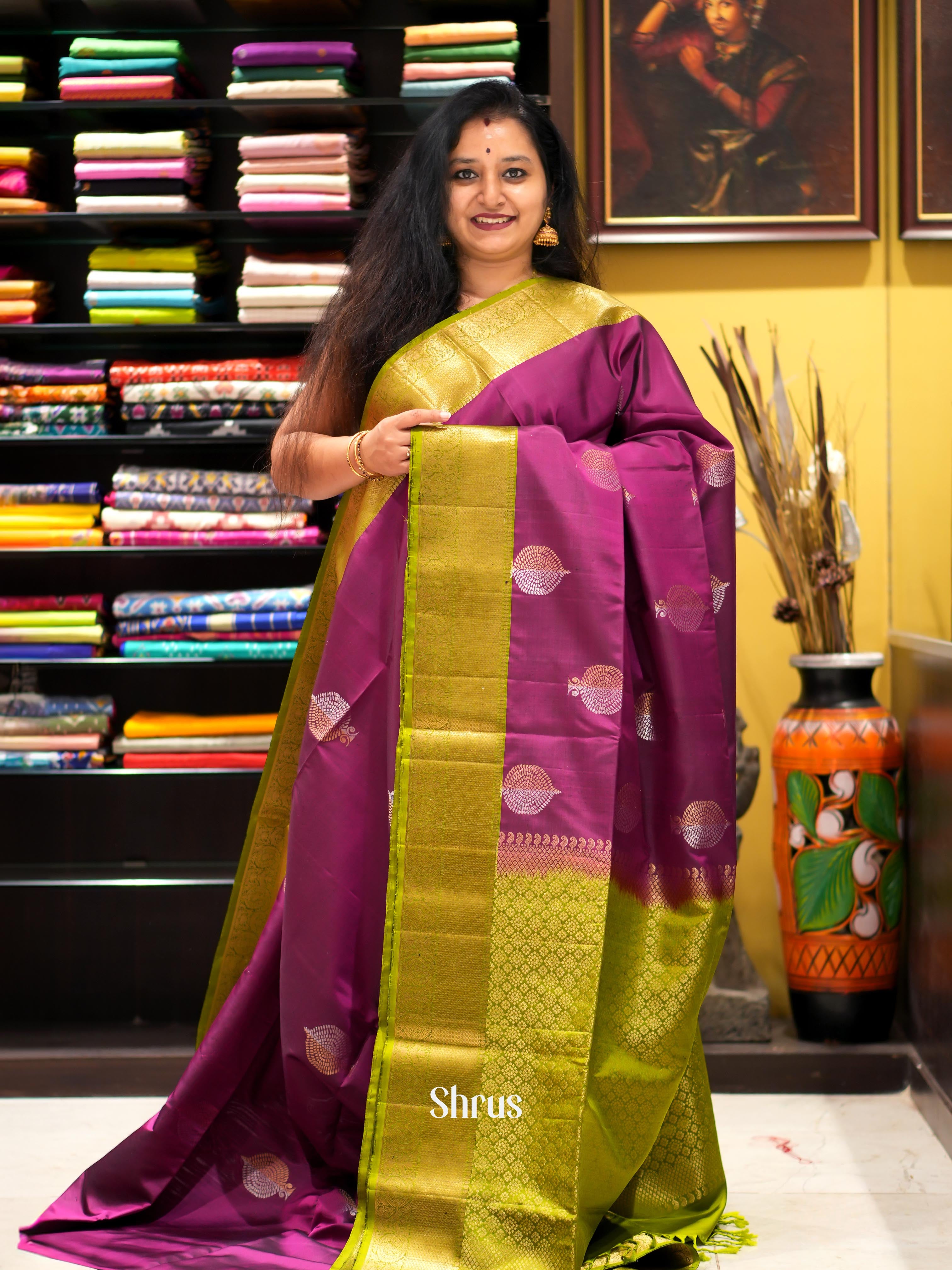 Purple & Green - Kanchi Border Soft Silk Saree - Shop on ShrusEternity.com