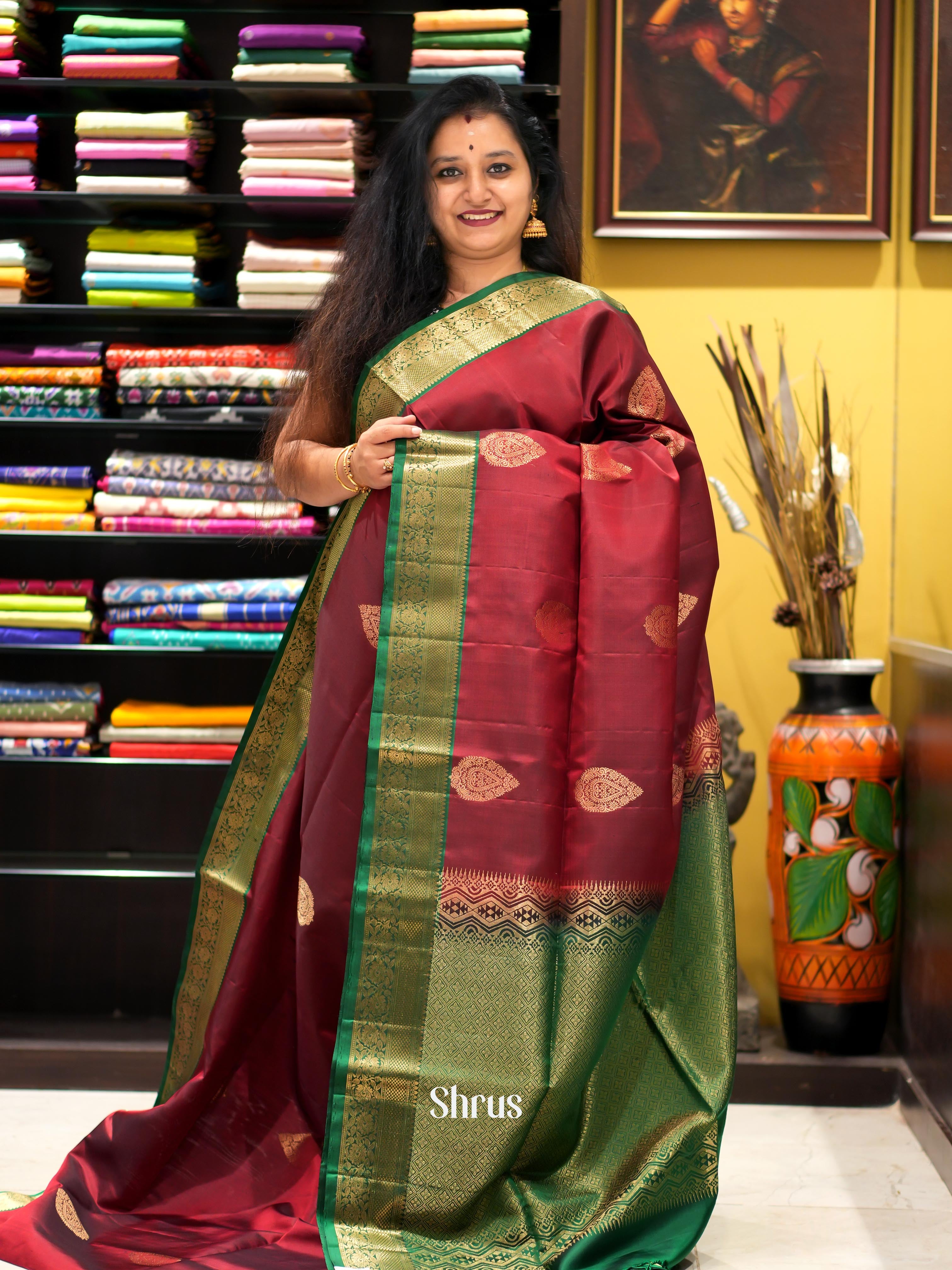 Maroon & Green - Kanchi Border Soft Silk Saree - Shop on ShrusEternity.com