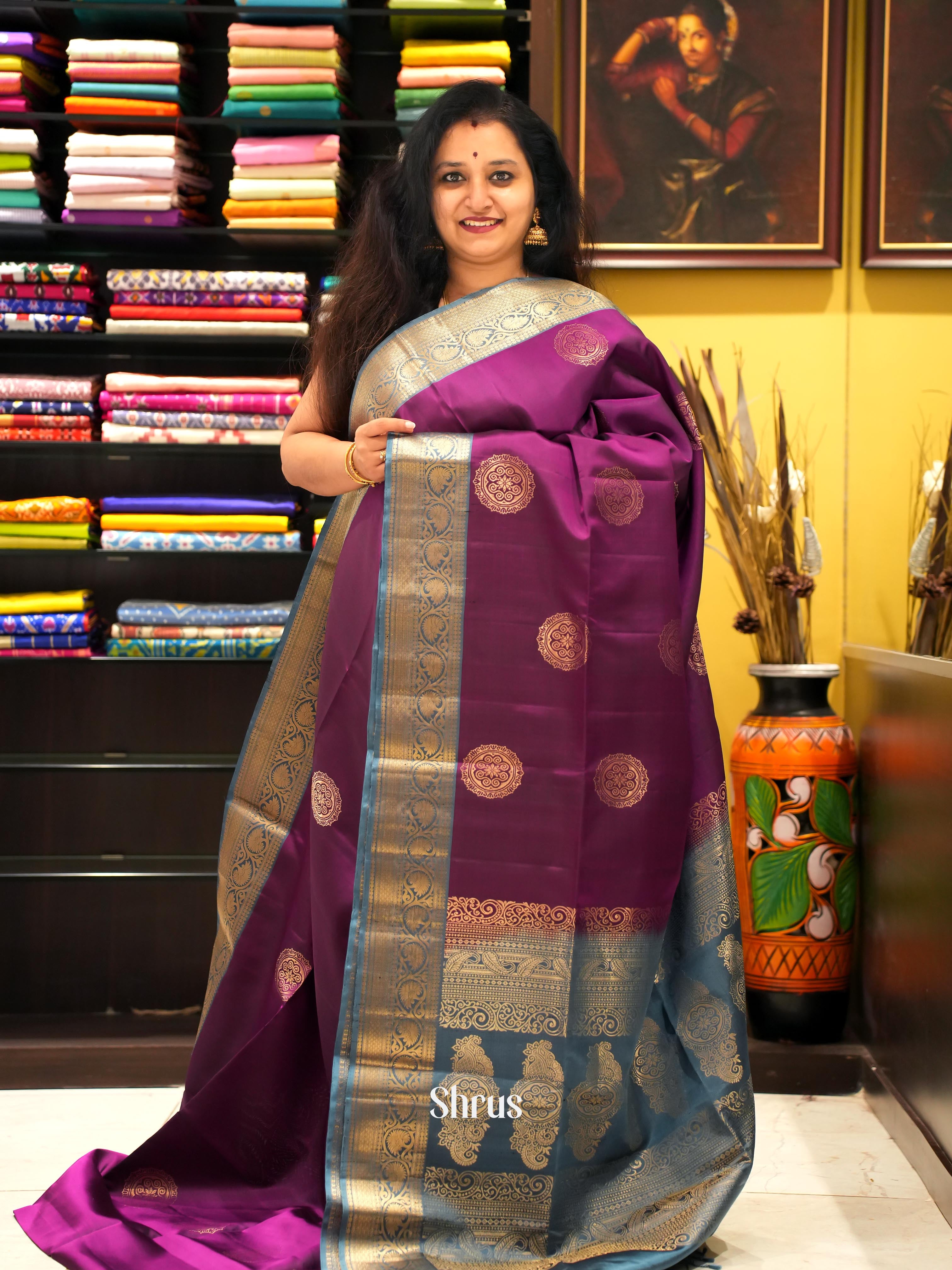 Purple & Grey - Kanchi Border Soft Silk Saree - Shop on ShrusEternity.com
