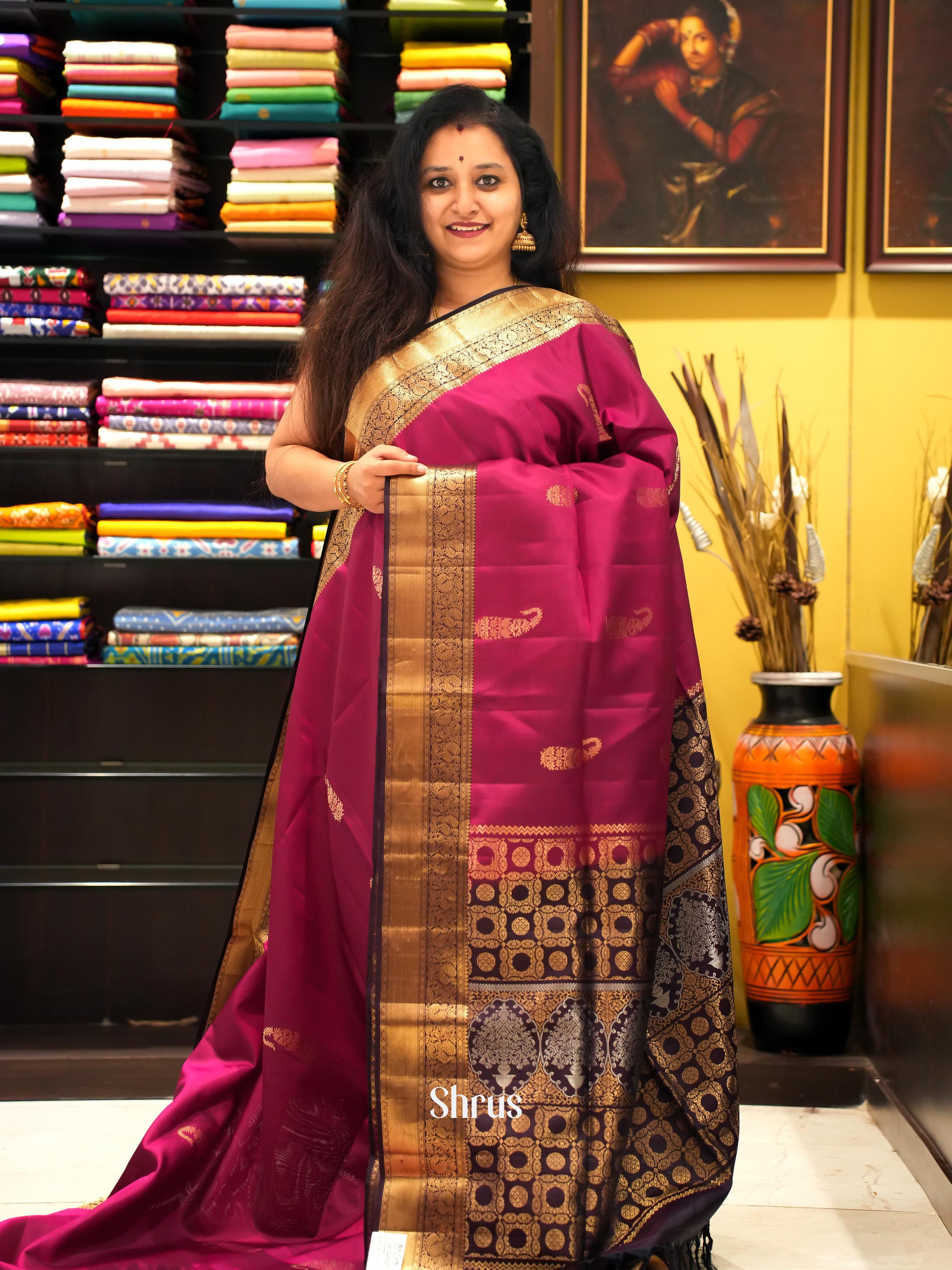 Maroon & Navy Blue - Kanchi Border Soft Silk Saree - Shop on ShrusEternity.com