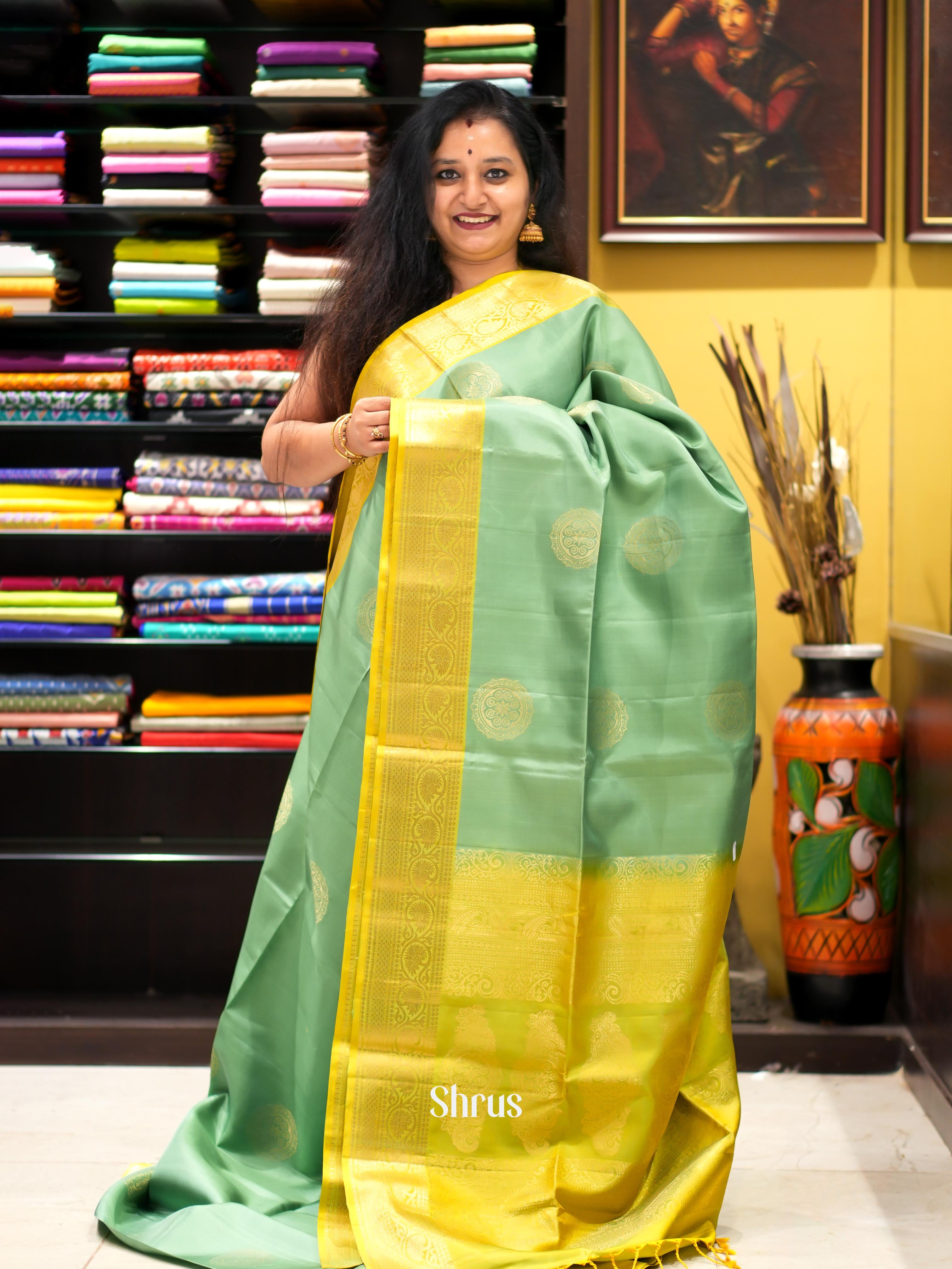 Green & Yellow - Kanchi Border Soft Silk Saree - Shop on ShrusEternity.com