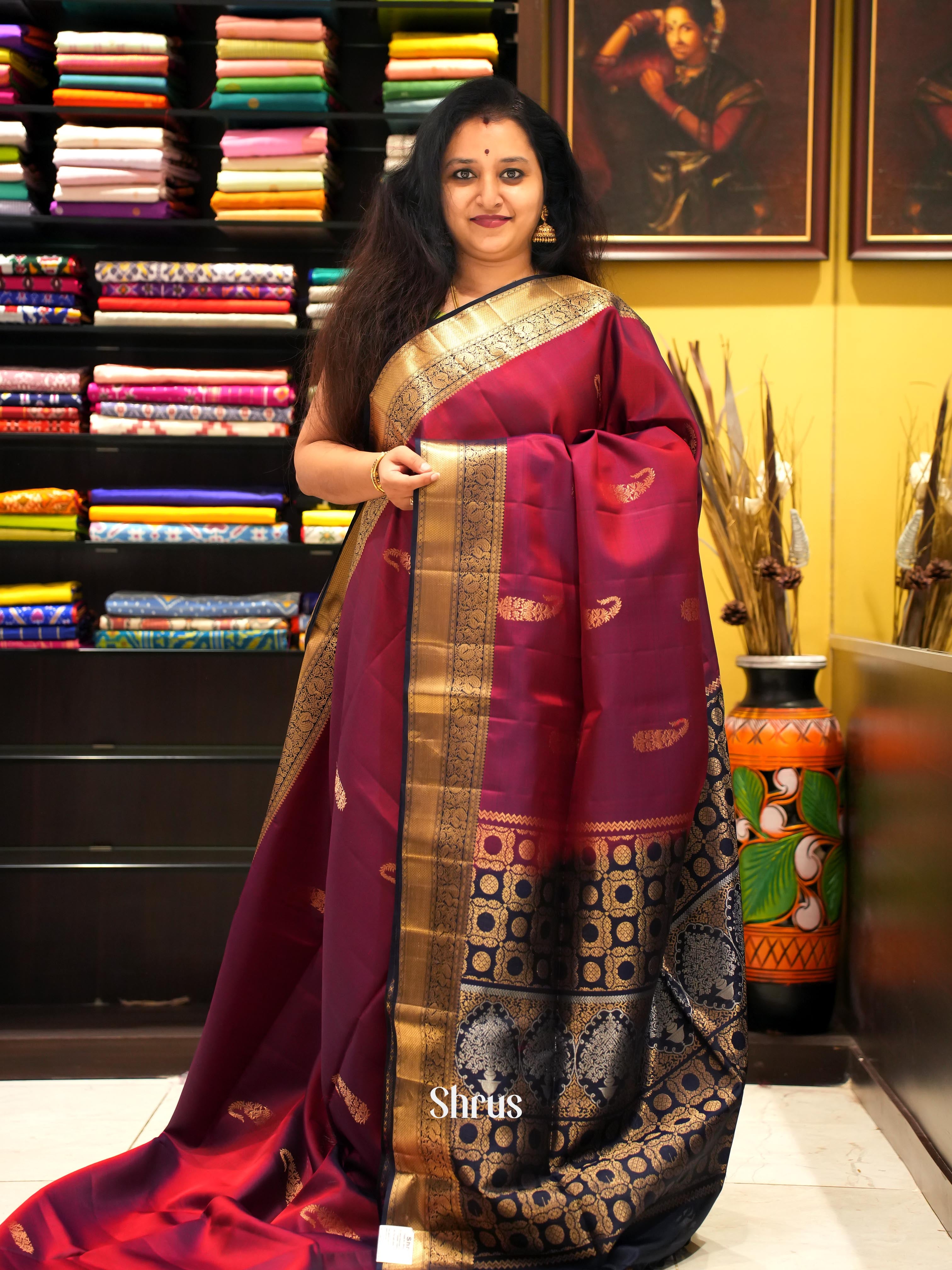 Maroon & Navy Blue- Kanchi Border Soft Silk Saree - Shop on ShrusEternity.com
