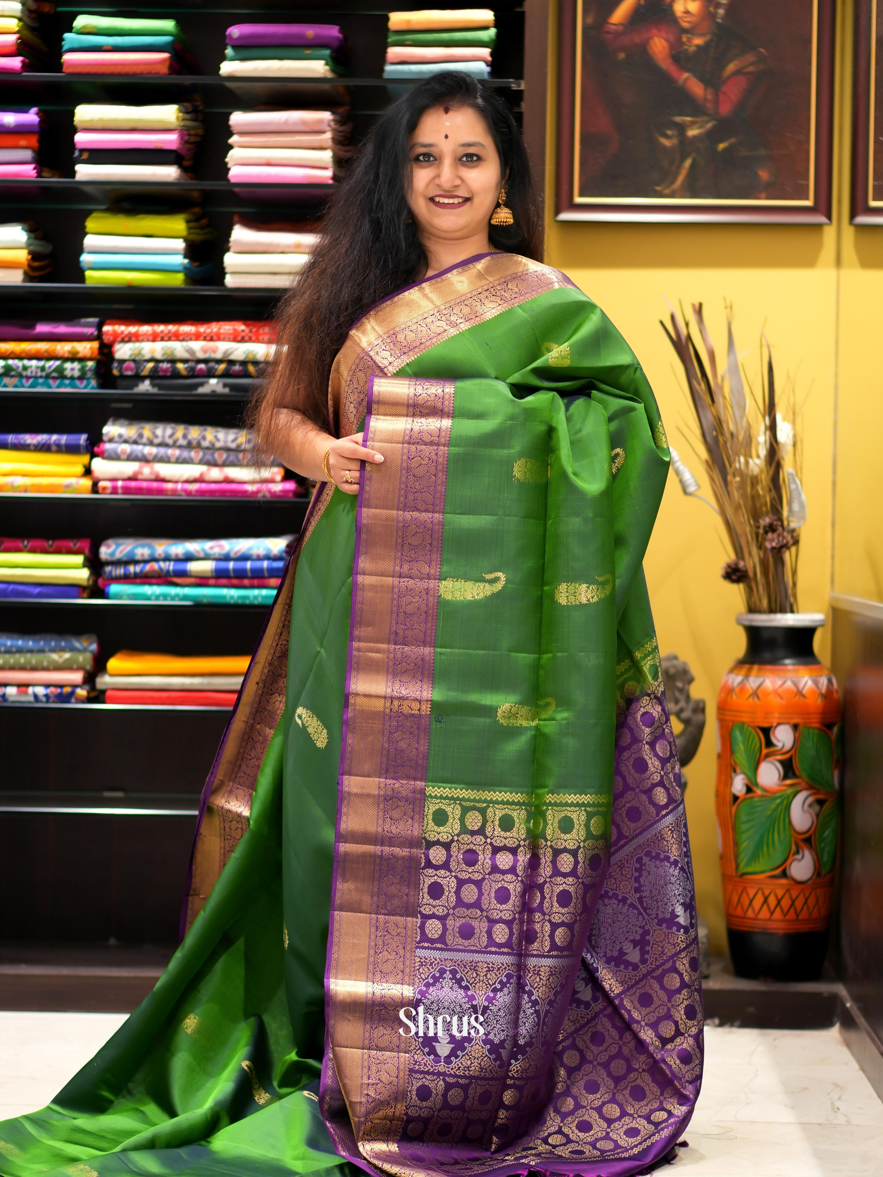 Green & Purple- Kanchi Border Soft Silk Saree - Shop on ShrusEternity.com
