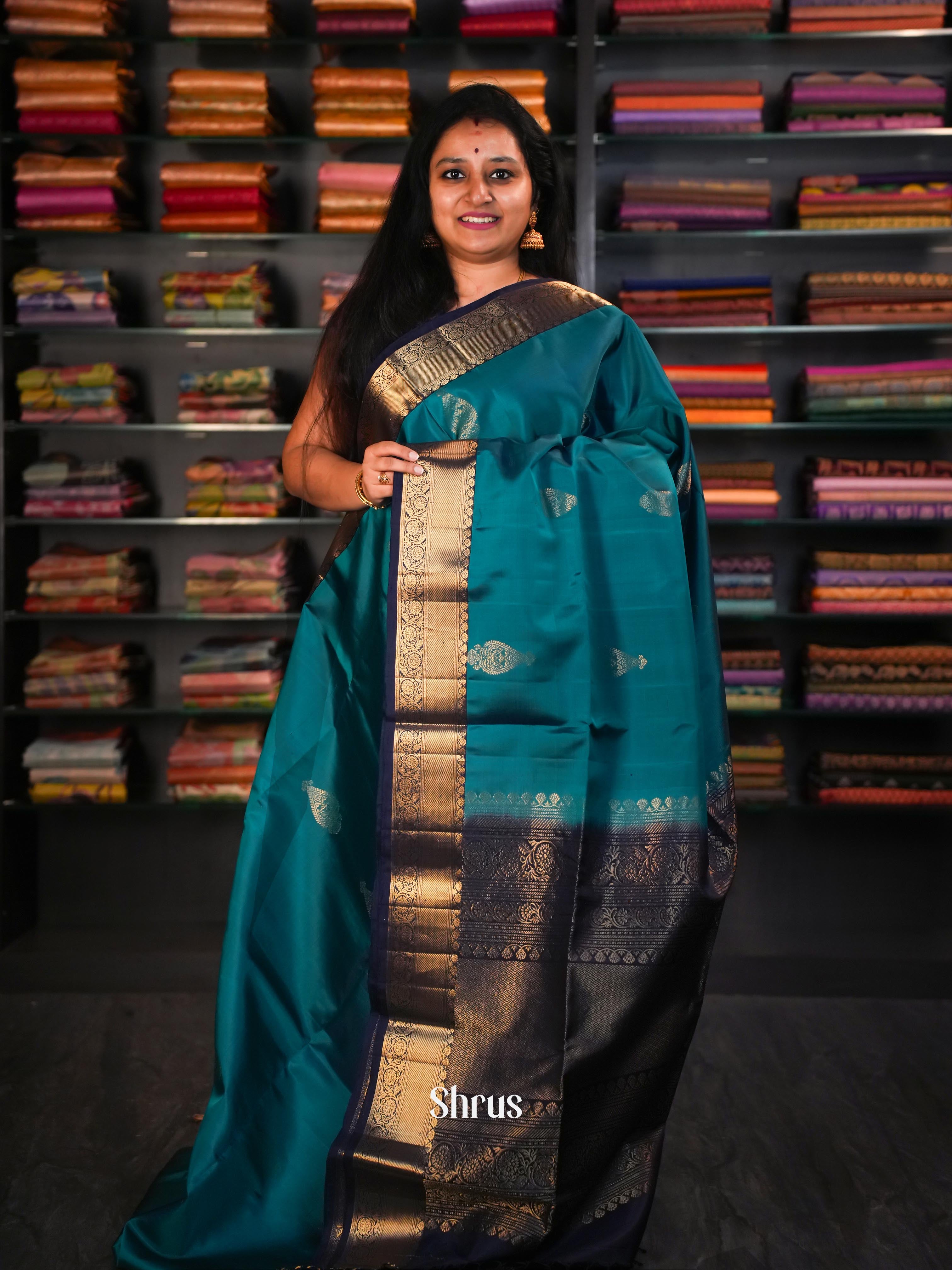 Dark Blue & Greenish Blue - Soft Silk Saree-1