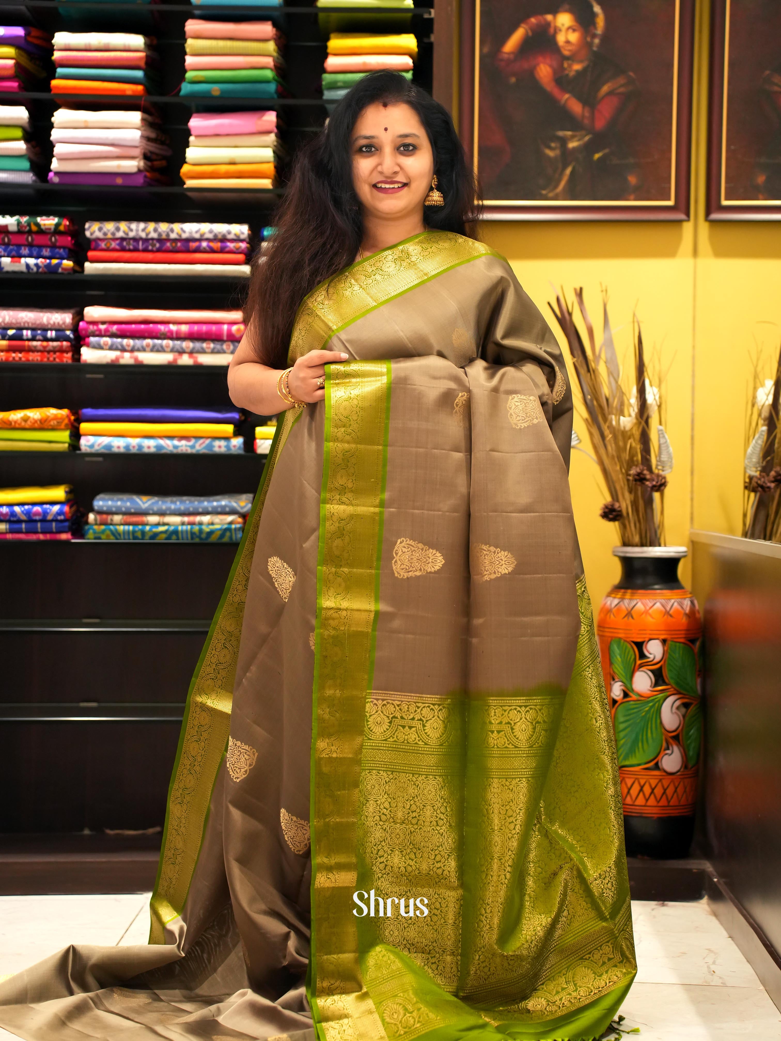 Grey & Green - Kanchi Border Soft Silk Saree - Shop on ShrusEternity.com