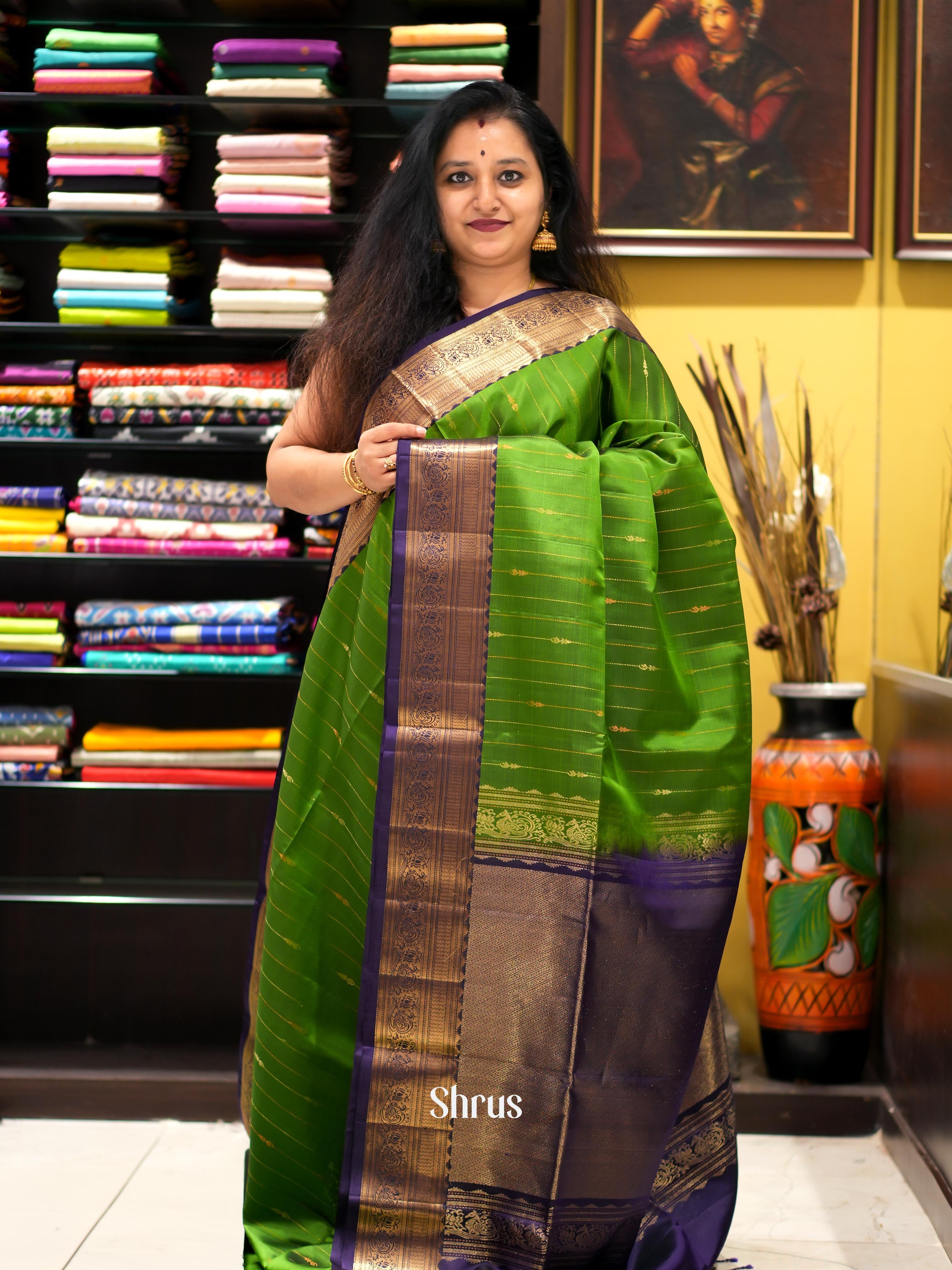 Green & Violet - Kanchi Border Soft Silk Saree - Shop on ShrusEternity.com