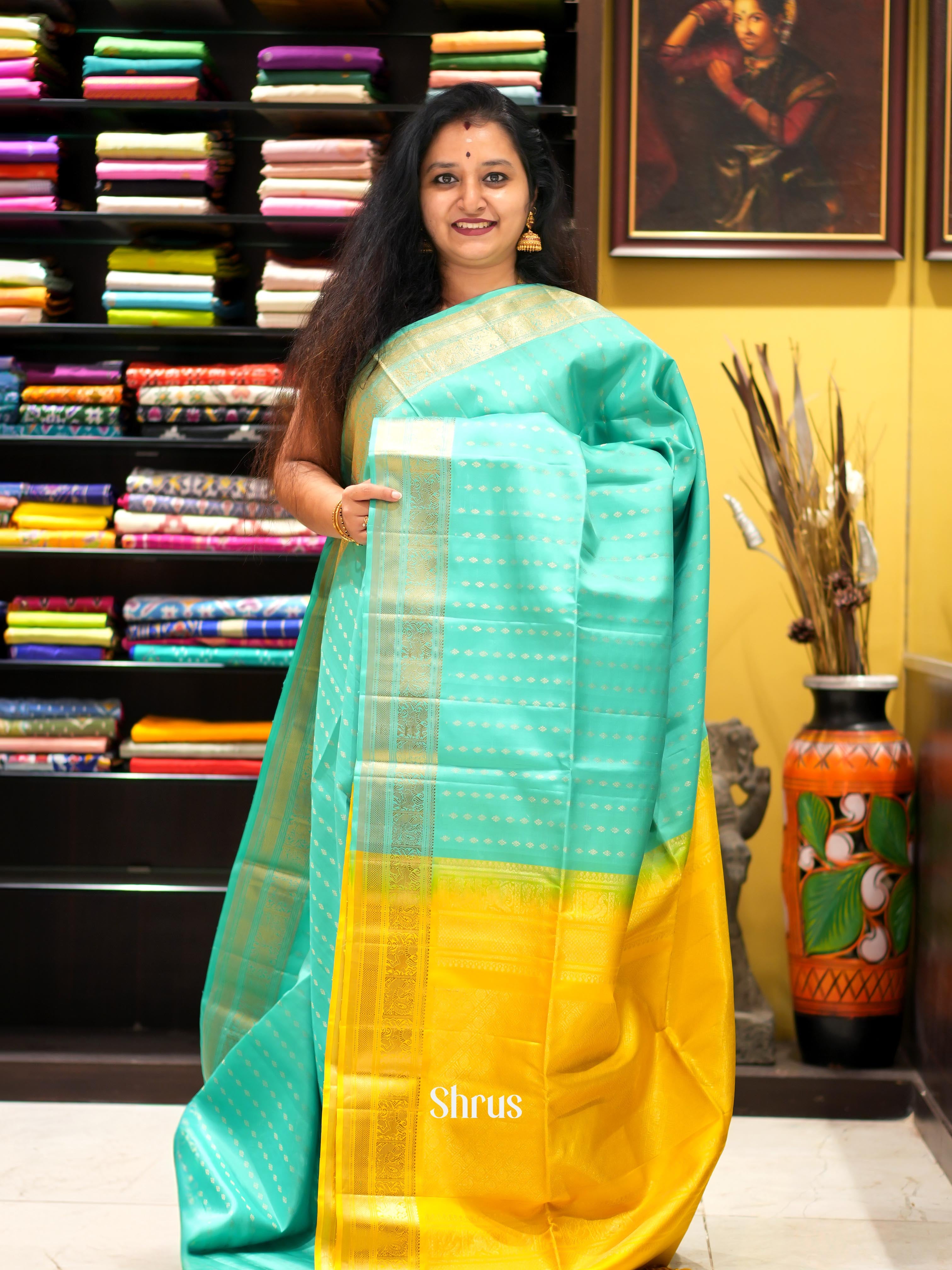 Teal & Yellow- Kanchi Border Soft Silk Saree - Shop on ShrusEternity.com
