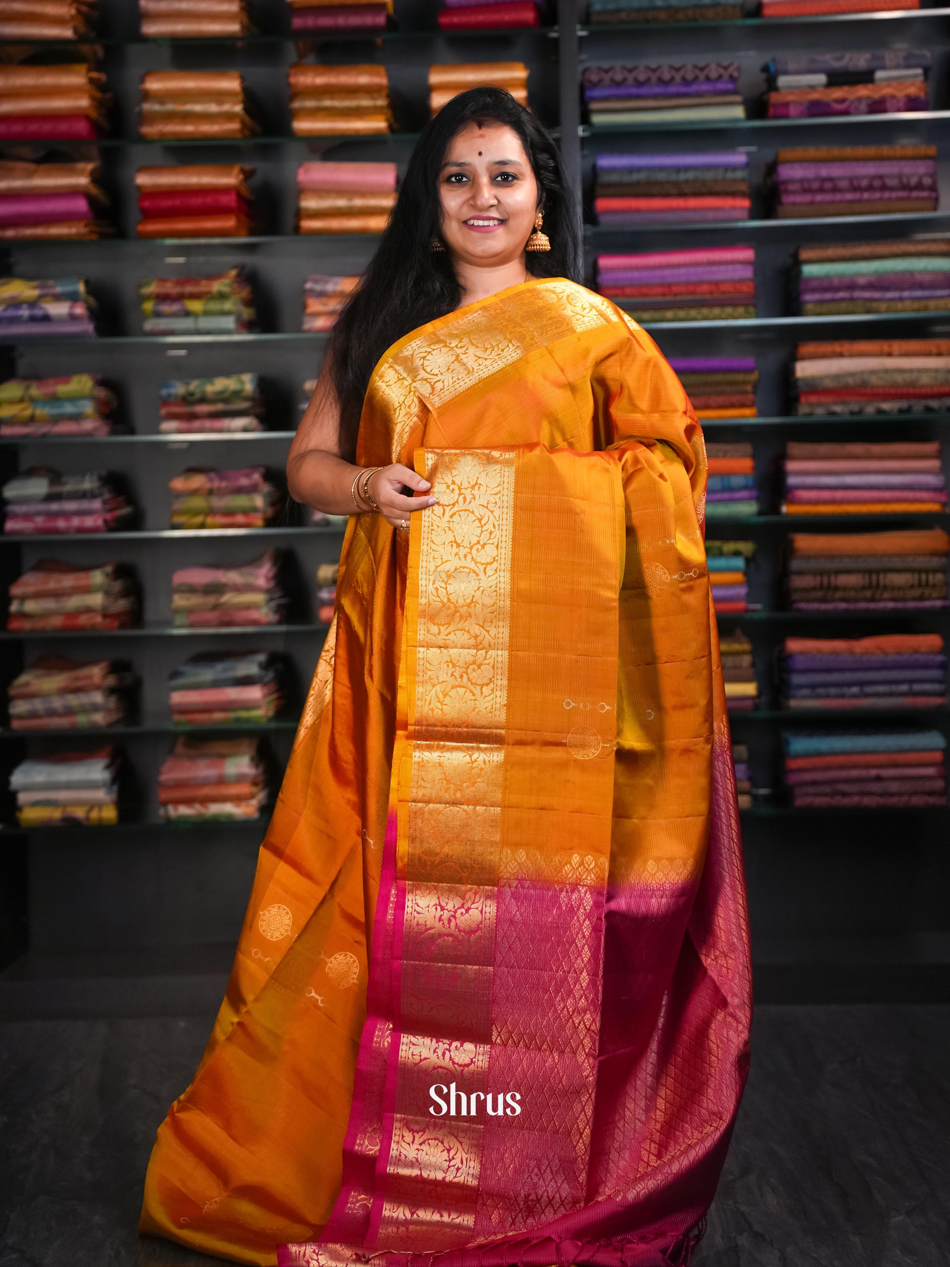 Mustard & Maroon- Soft Silk Saree - Shop on ShrusEternity.com