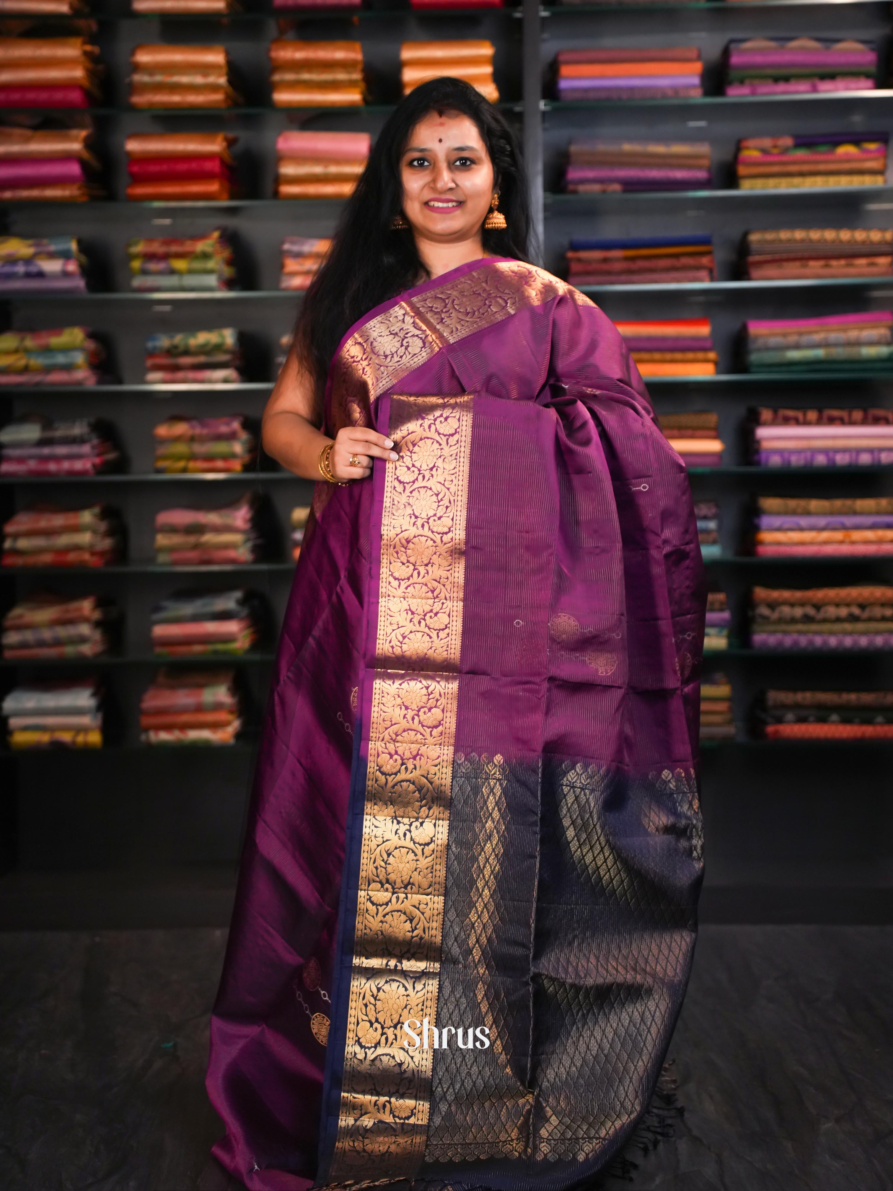 Dark Majenta & Dark Blue - Soft Silk Saree - Shop on ShrusEternity.com