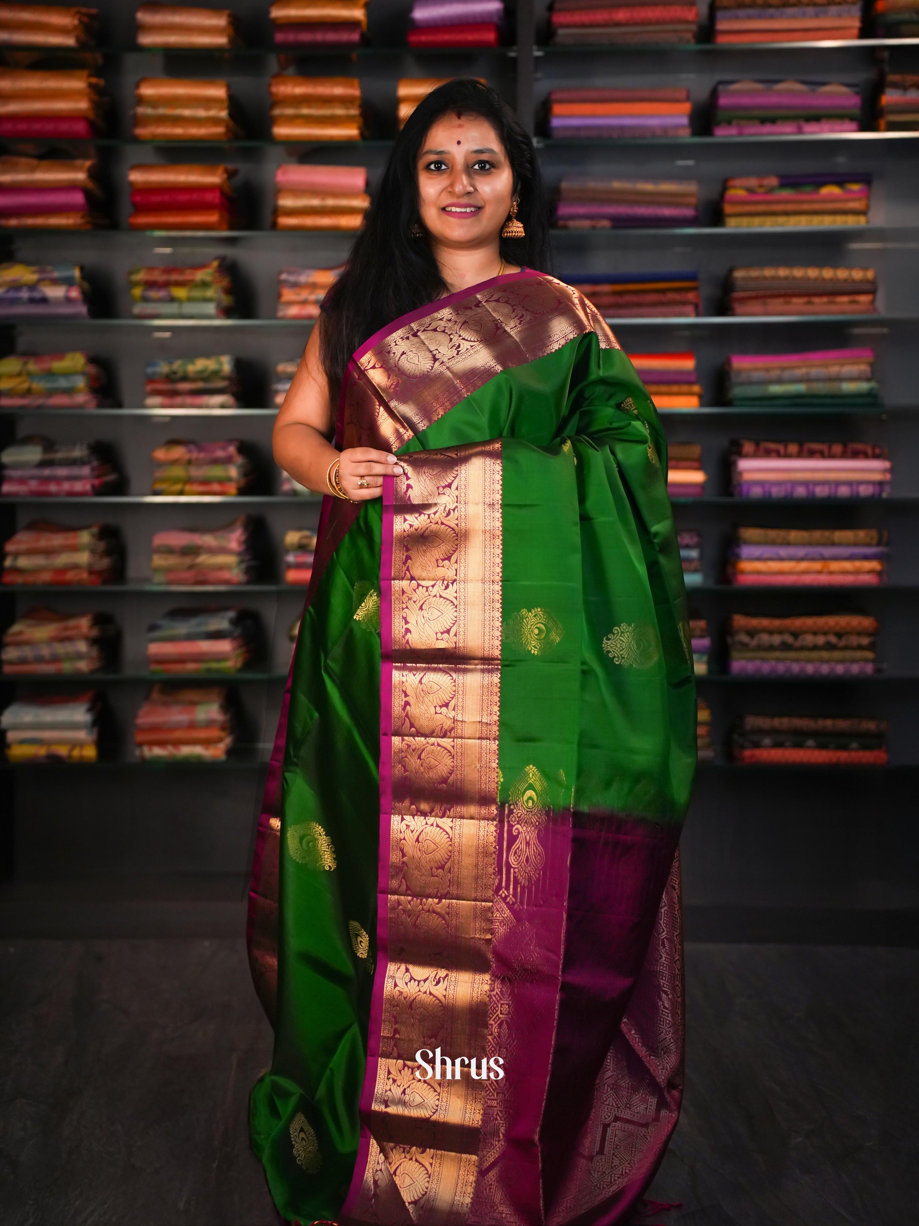 Green & Pinkish Maroon - Soft Silk Saree - Shop on ShrusEternity.com