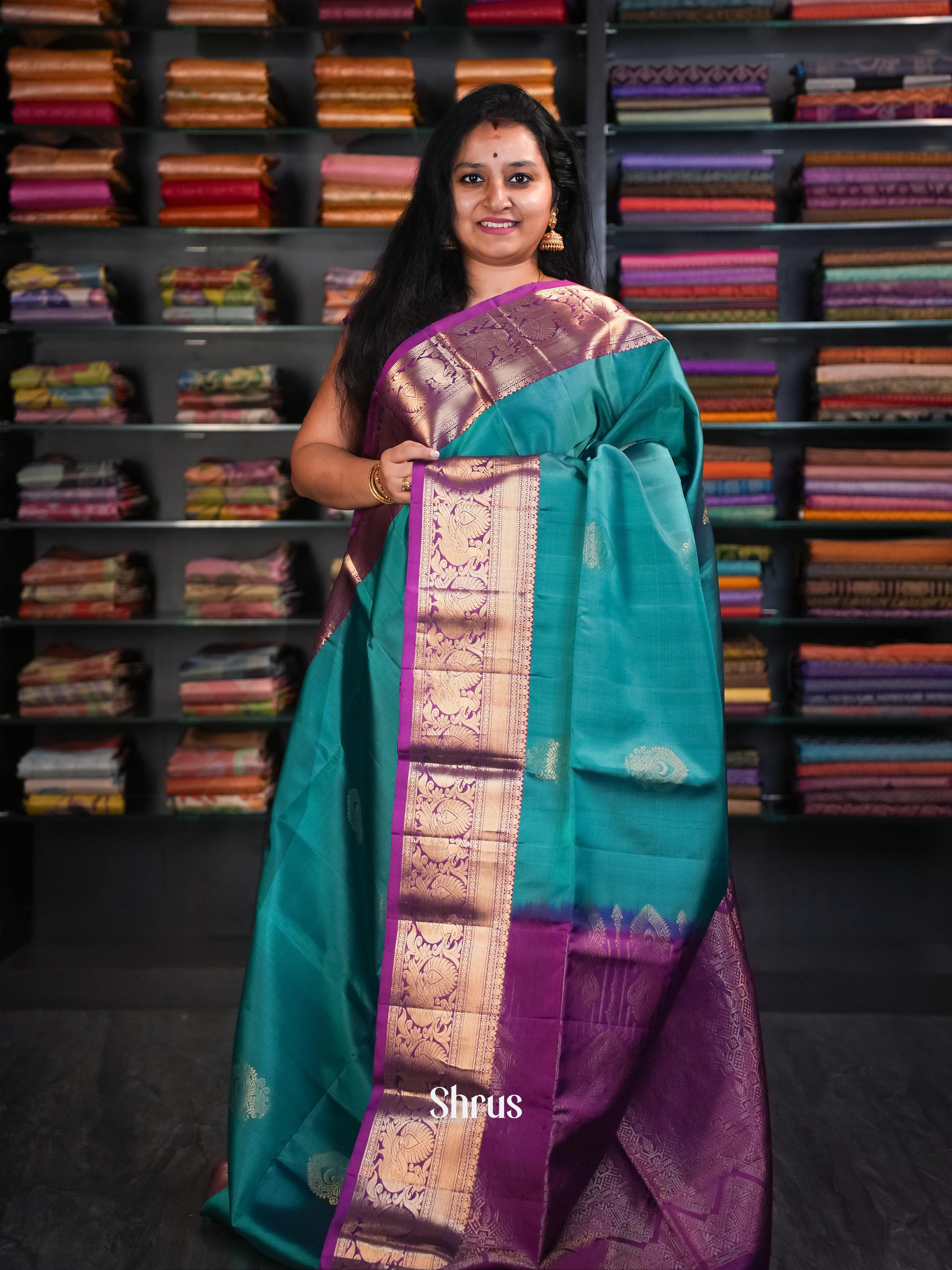 Teal & Dark Magenta - Soft Silk Saree - Shop on ShrusEternity.com